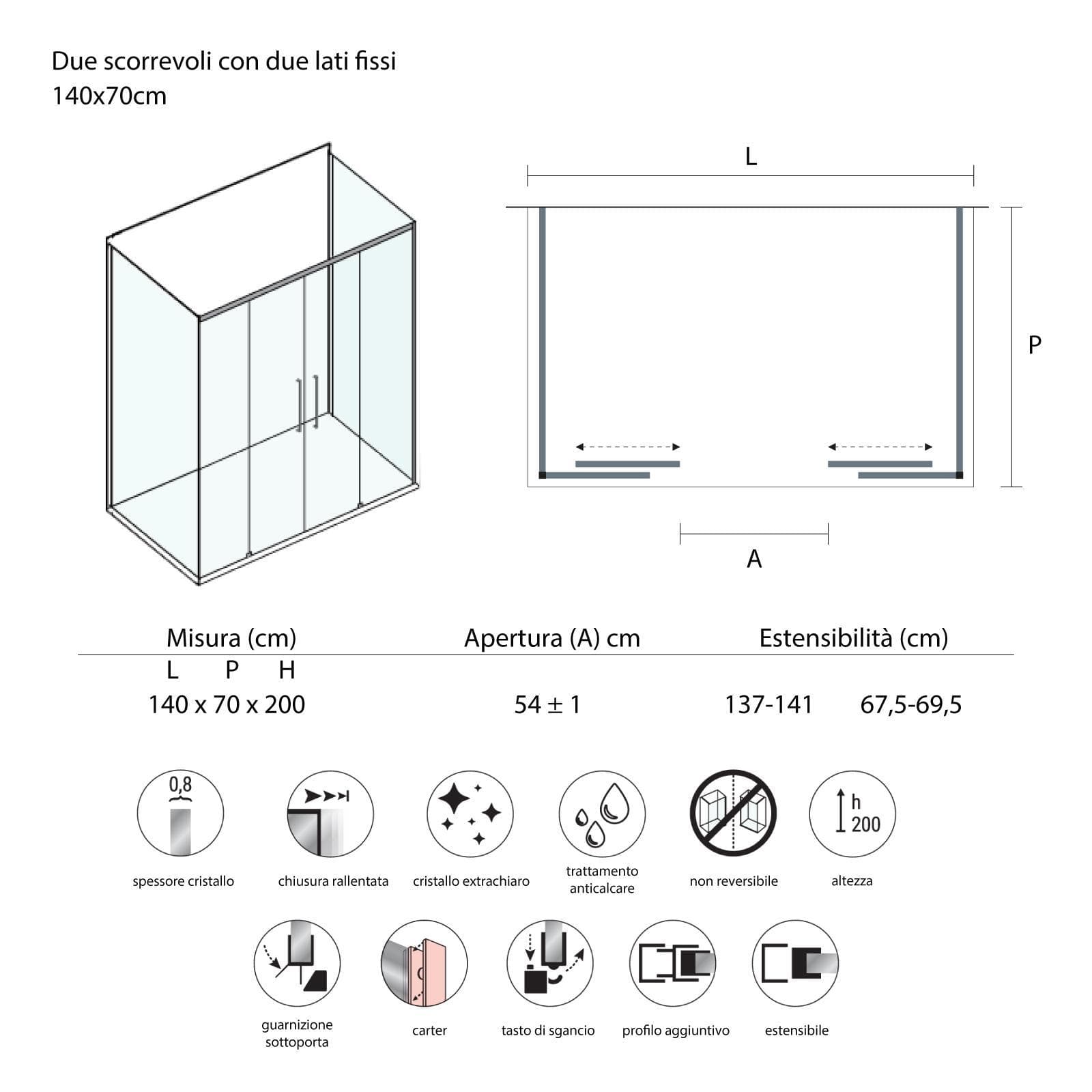 Box doccia 3 lati 70x140x70 cm doppio scorrevole anticalcare - Garbo