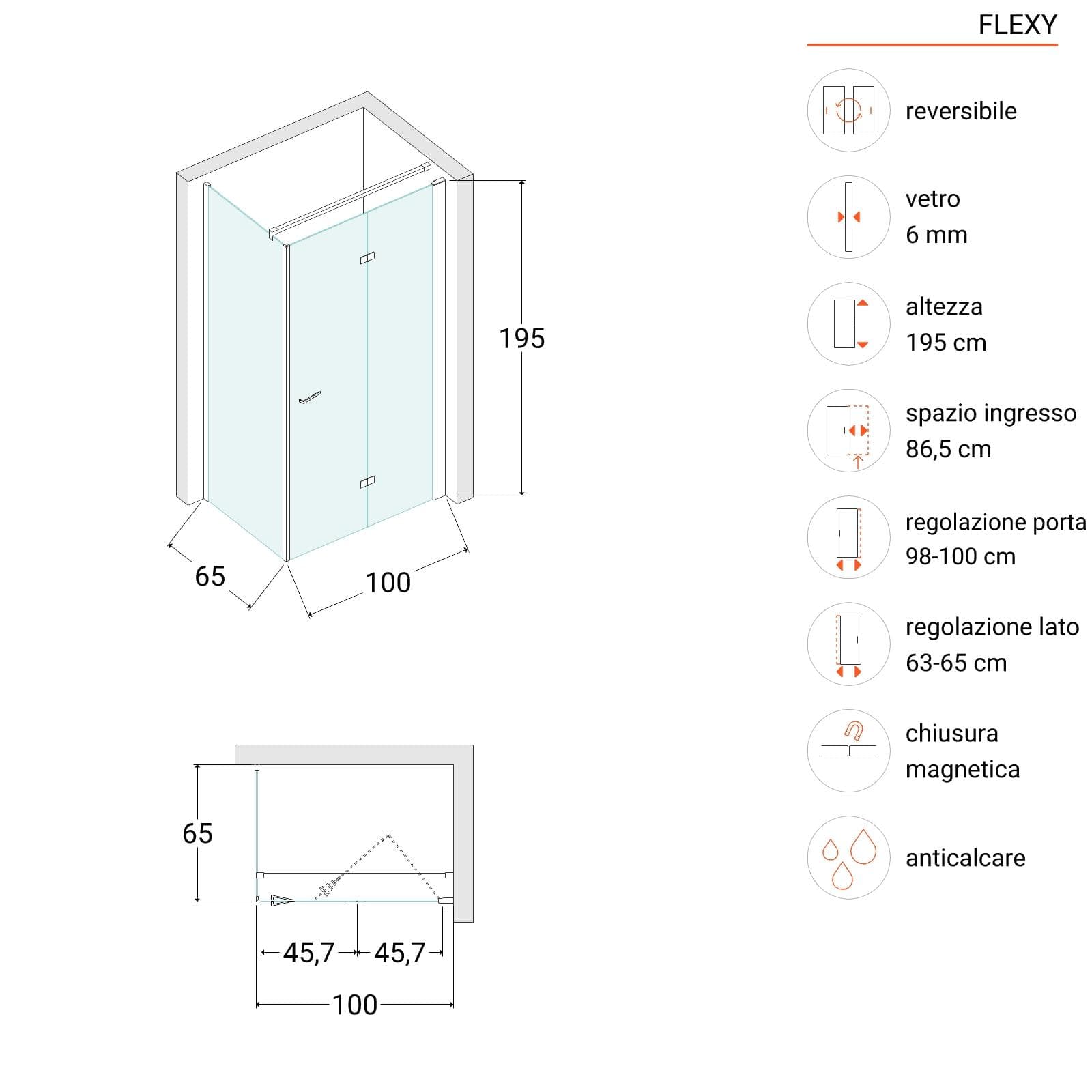 Box doccia 65x100 cm a soffietto vetro anticalcare trasparente e profilo nero opaco 195h - Flexy