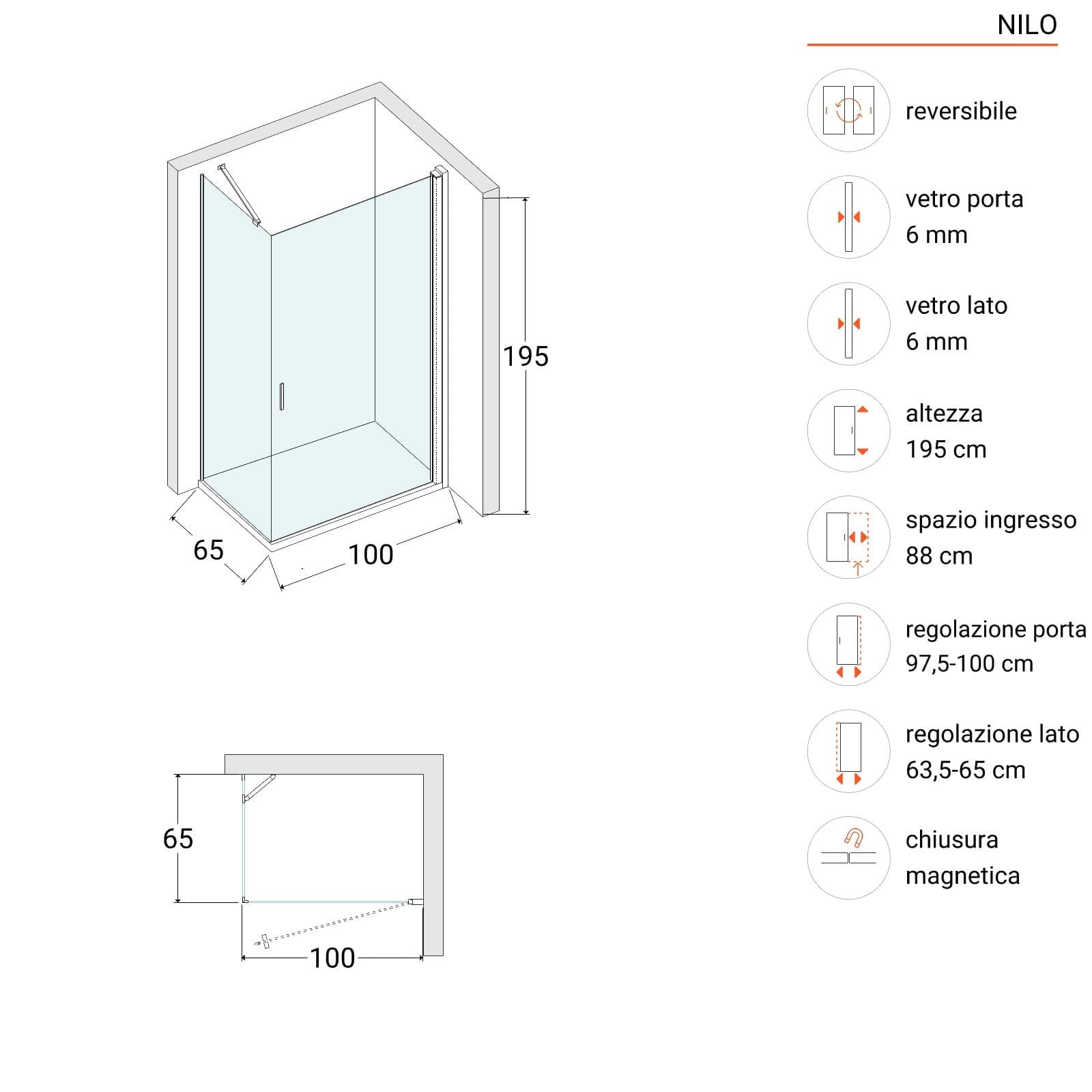 Box doccia 65x100 cm battente in vetro temperato 6mm opaco 195h - Nilo
