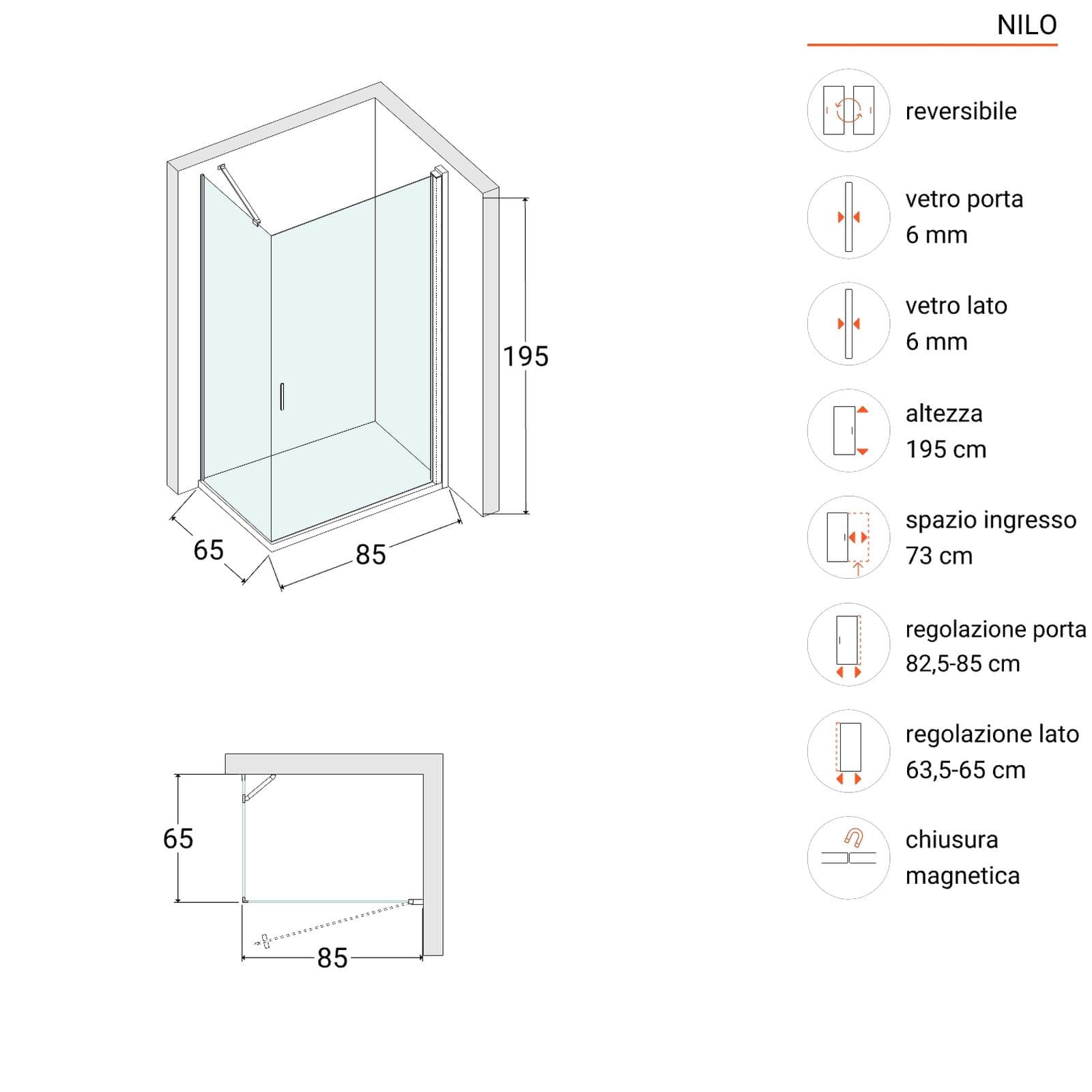 Box doccia 65X85 cm battente con vetro temperato fumé e profilo nero opaco 195h - Nilo