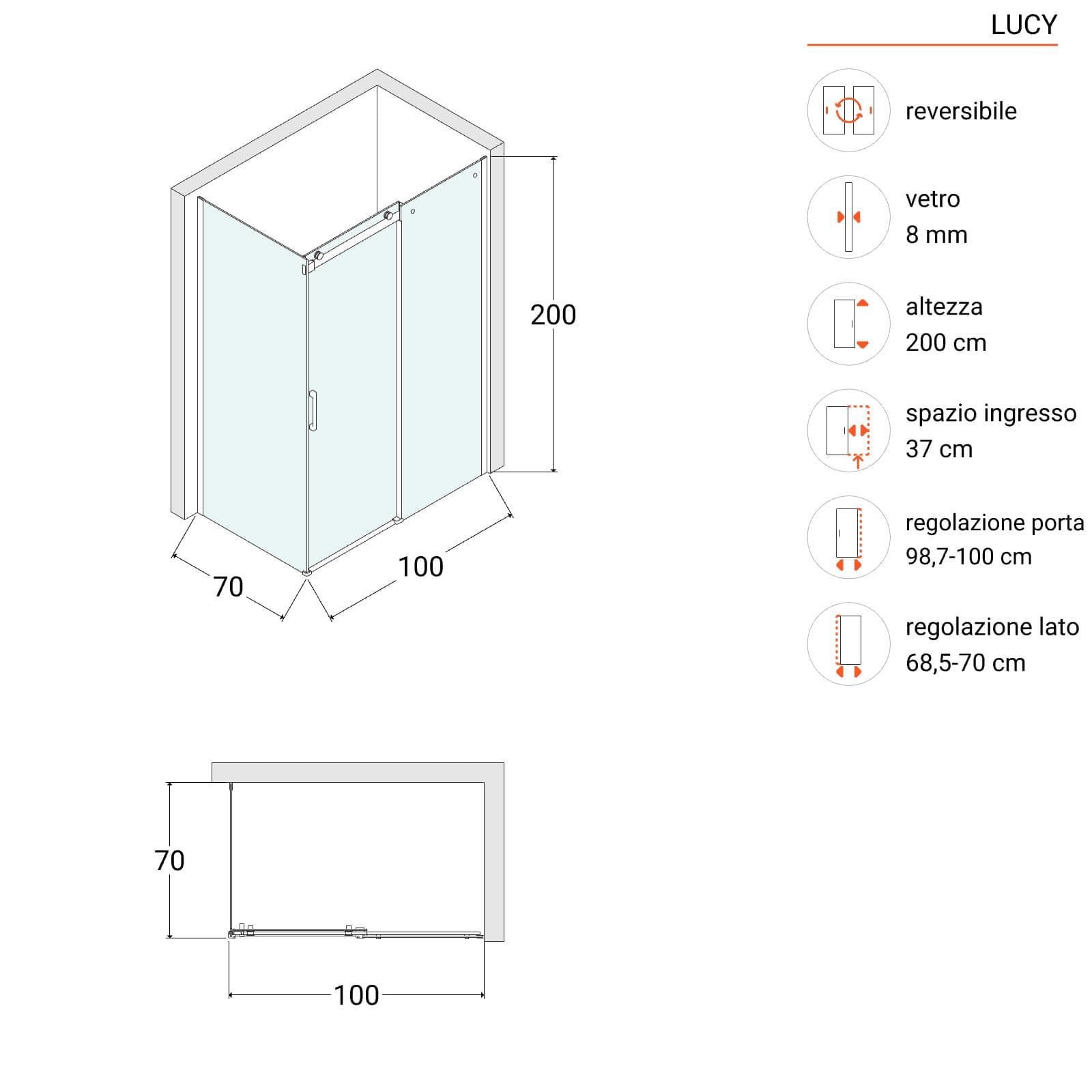 Box doccia 70x100 cm scorrevole in vetro anticalcare trasparente e profilo cromo 200h - Lucy