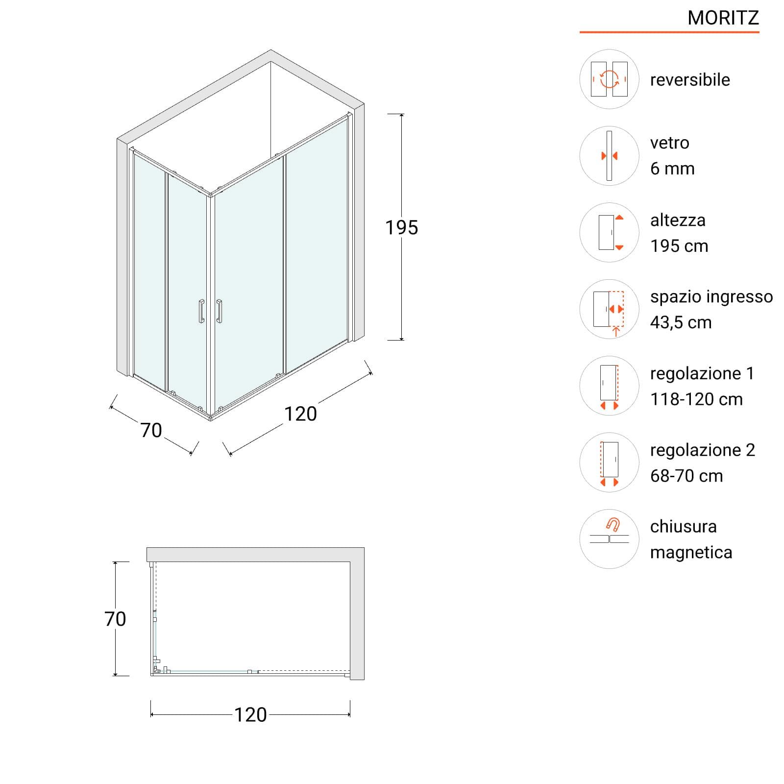 Box doccia 70x120 cm angolare scorrevole vetro opaco e profilo cromo 195h - Moritz