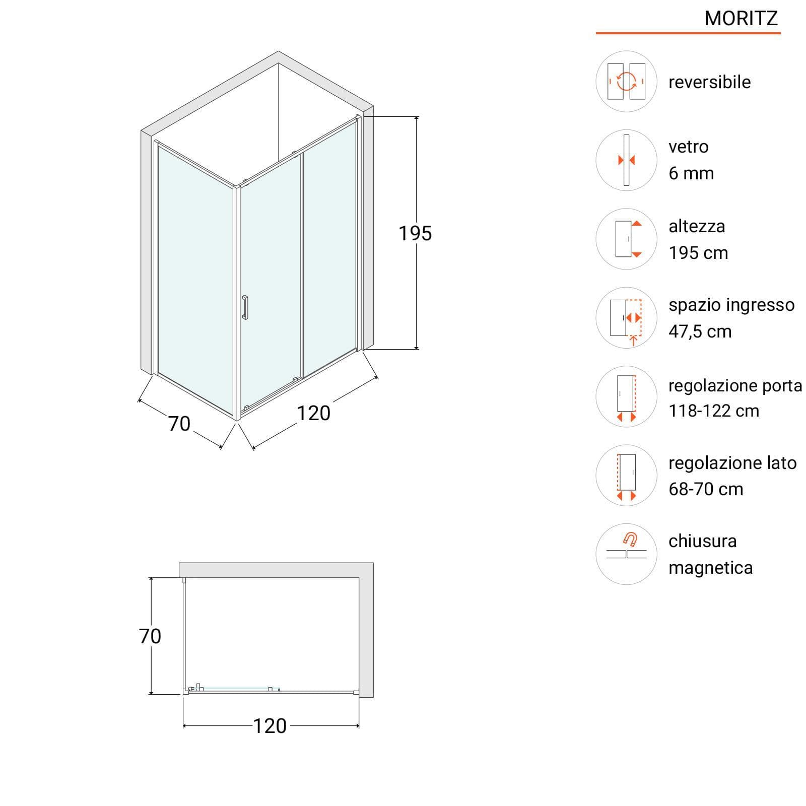 Box doccia 70x120 cm porta scorrevole vetro opaco profilo cromo 195h - Moritz