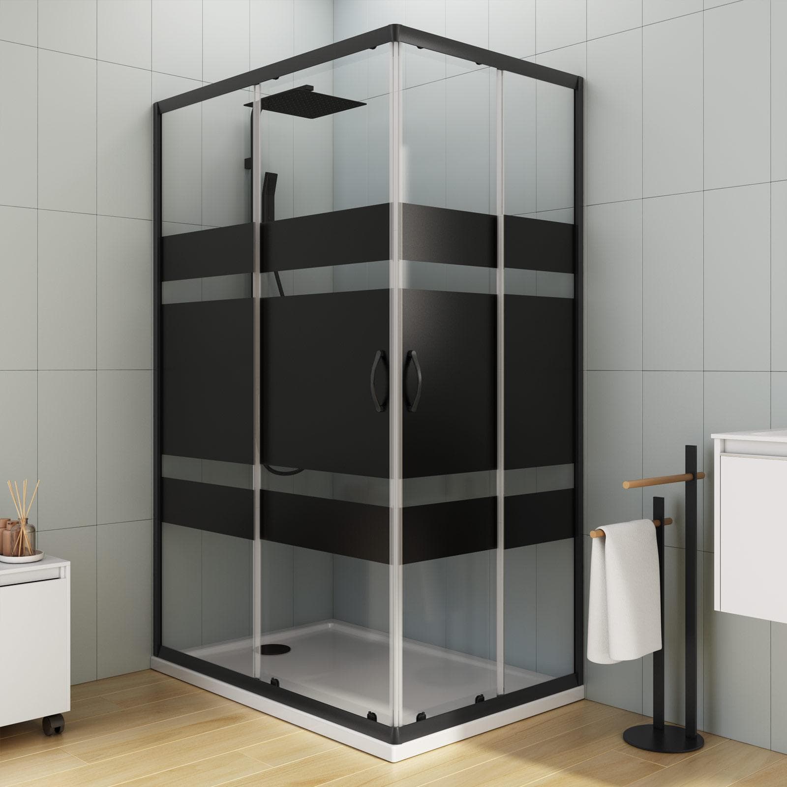 Box doccia 70X120 cm scorrevole con vetro serigrafato nero e profilo nero opaco 185h - Lite