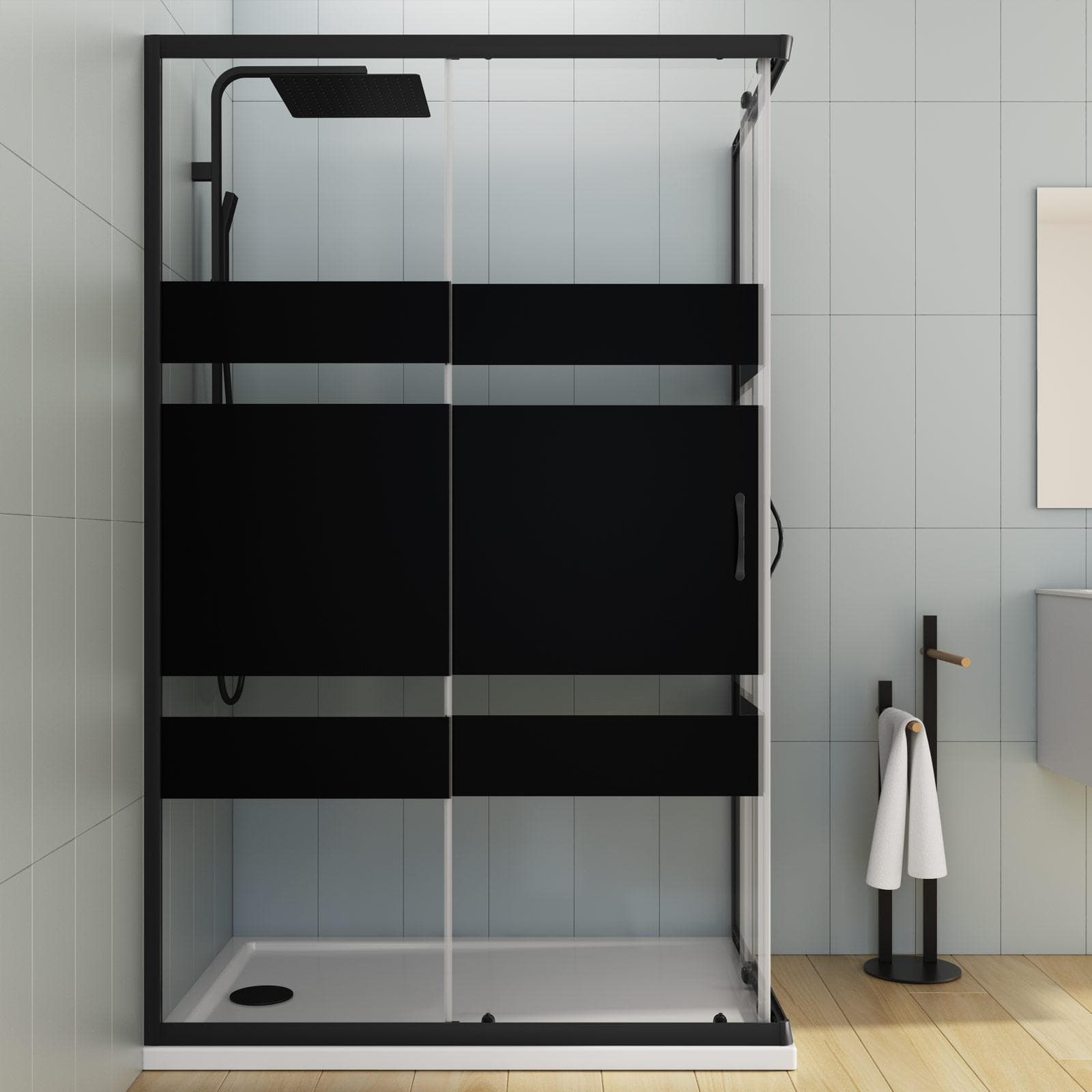 Box doccia 70X120 cm scorrevole con vetro serigrafato nero e profilo nero opaco 185h - Lite
