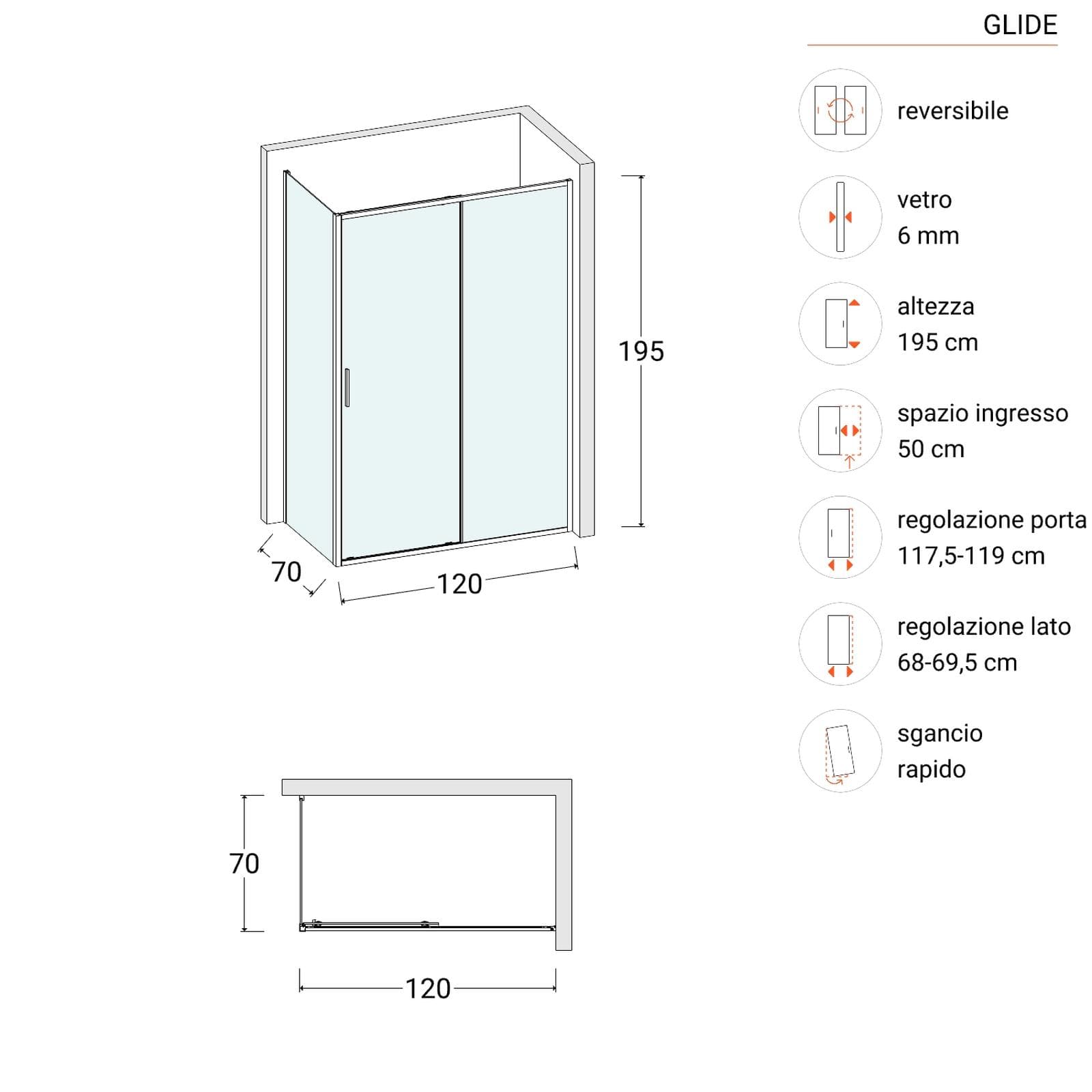 Box doccia 70x120 cm scorrevole vetro trasparente e profilo cromo 195h - Glide