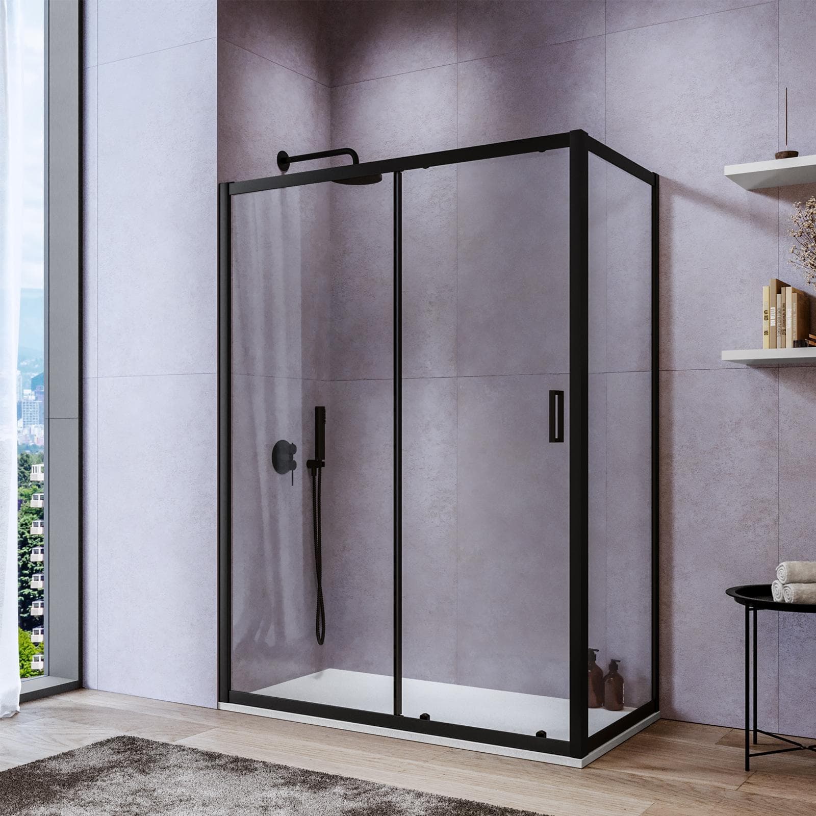 Box doccia 70x140 cm scorrevole in vetro temperato 6 mm trasparente 185h e profilo nero - Young