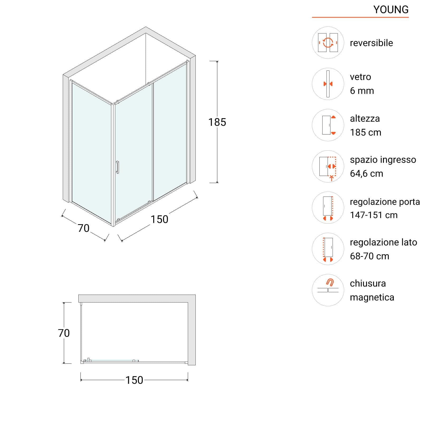 Box doccia 70x150 cm scorrevole vetro temperato 6mm trasparente 185h - Young