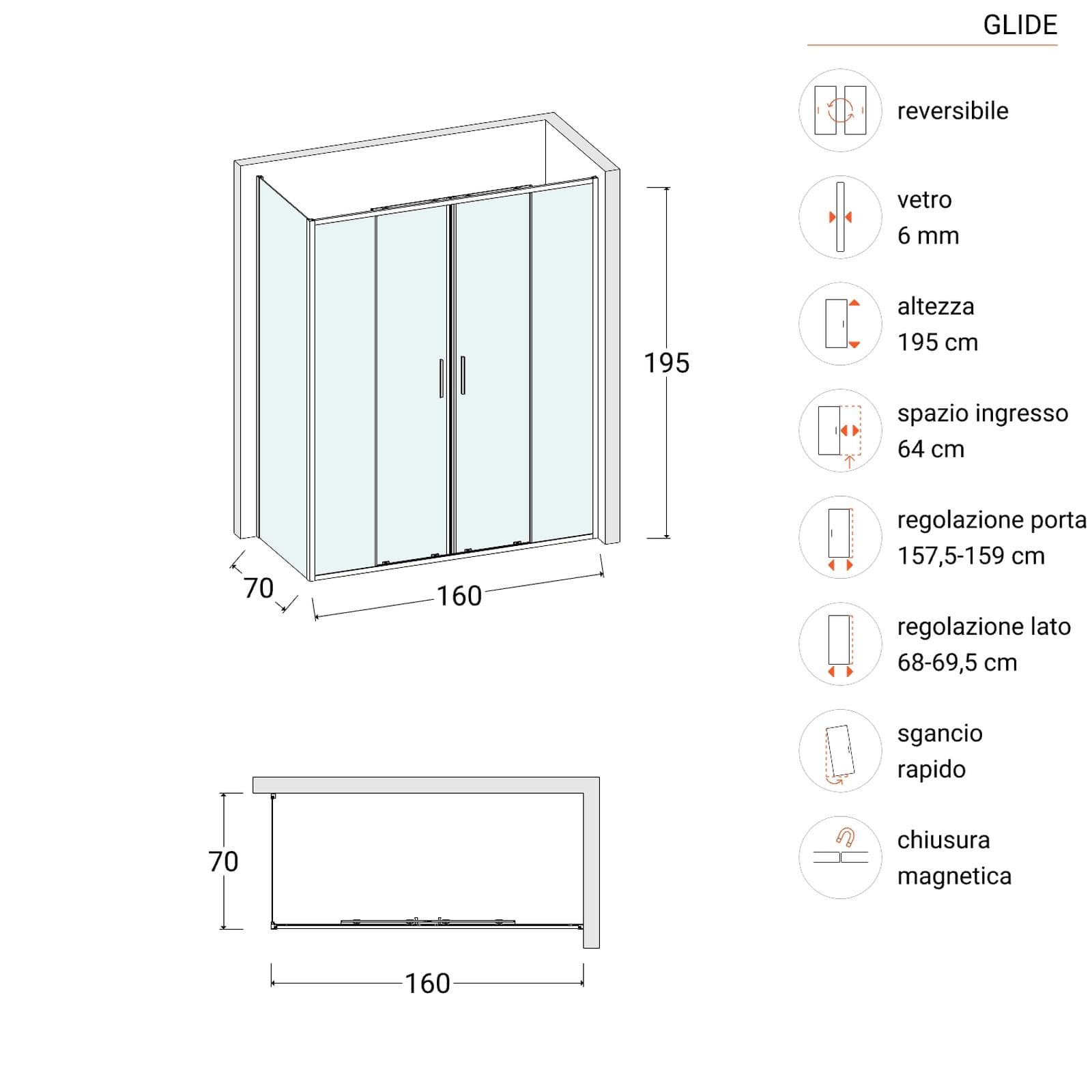Box doccia 70x160 cm doppio scorrevole vetro trasparente e profilo nero opaco 195h - Glide