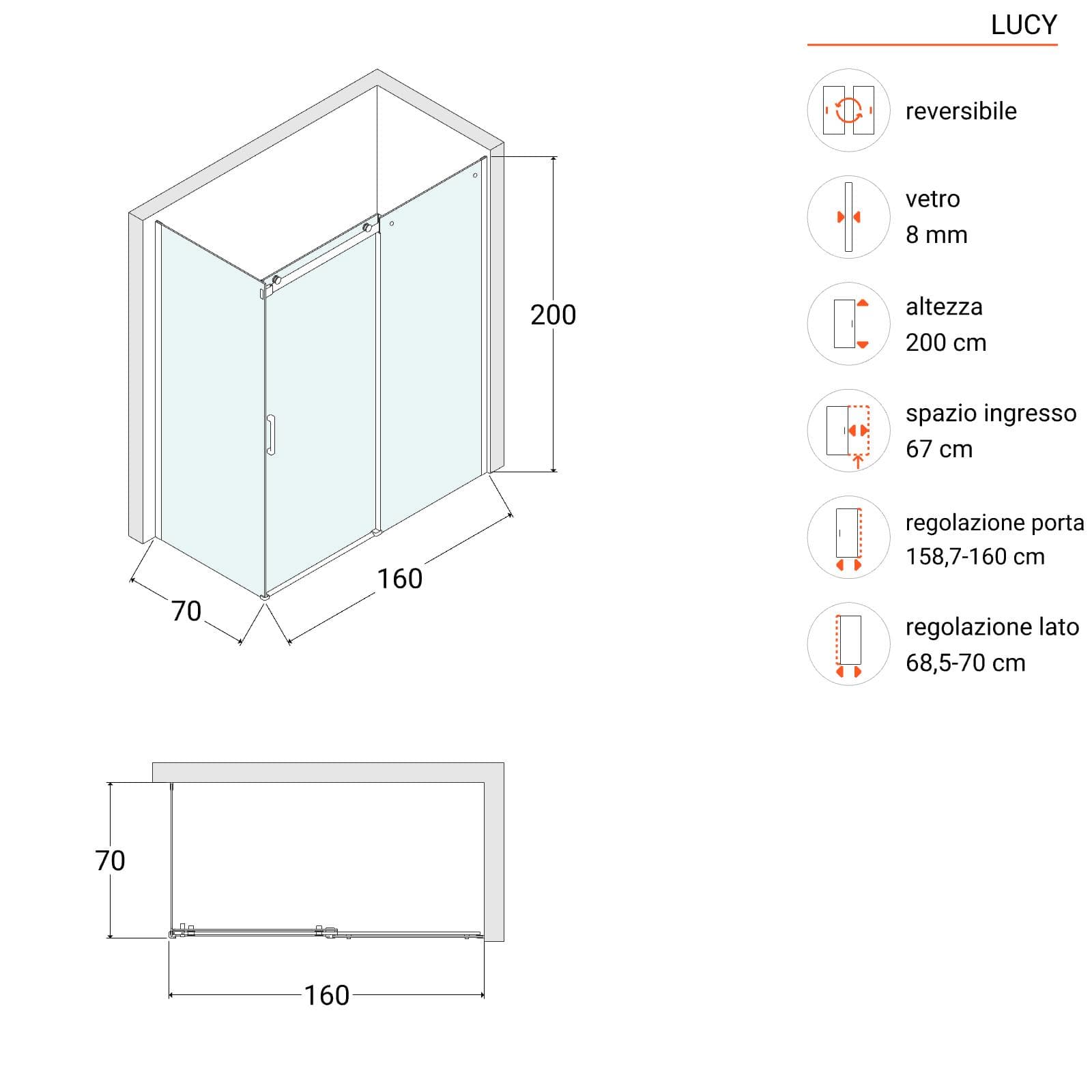 Box doccia 70x160 cm scorrevole in vetro anticalcare trasparente e profilo cromo 200h - Lucy