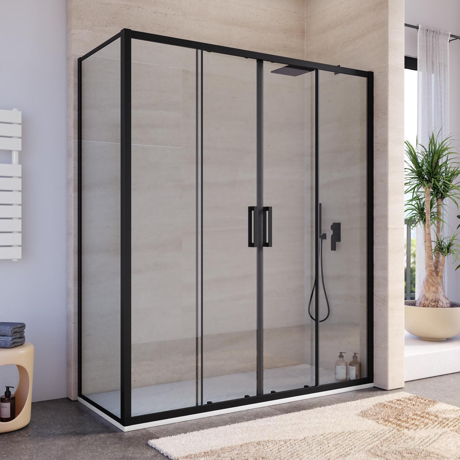 Box doccia 70x170 cm scorrevole 4 ante anticalcare profilo nero - Naomi