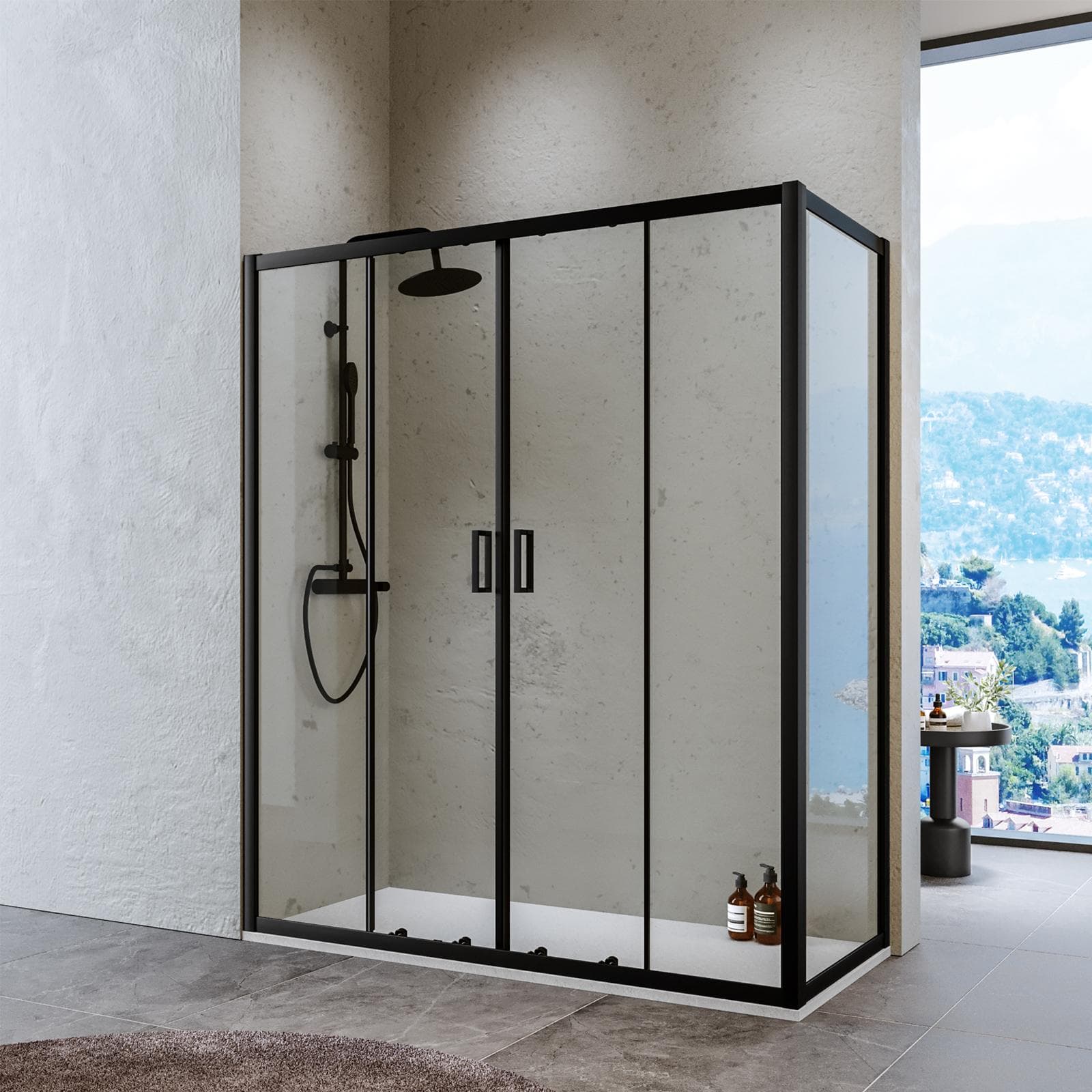 Box doccia 70x170 cm scorrevole in vetro temperato 6 mm trasparente 185h e profilo nero - Young