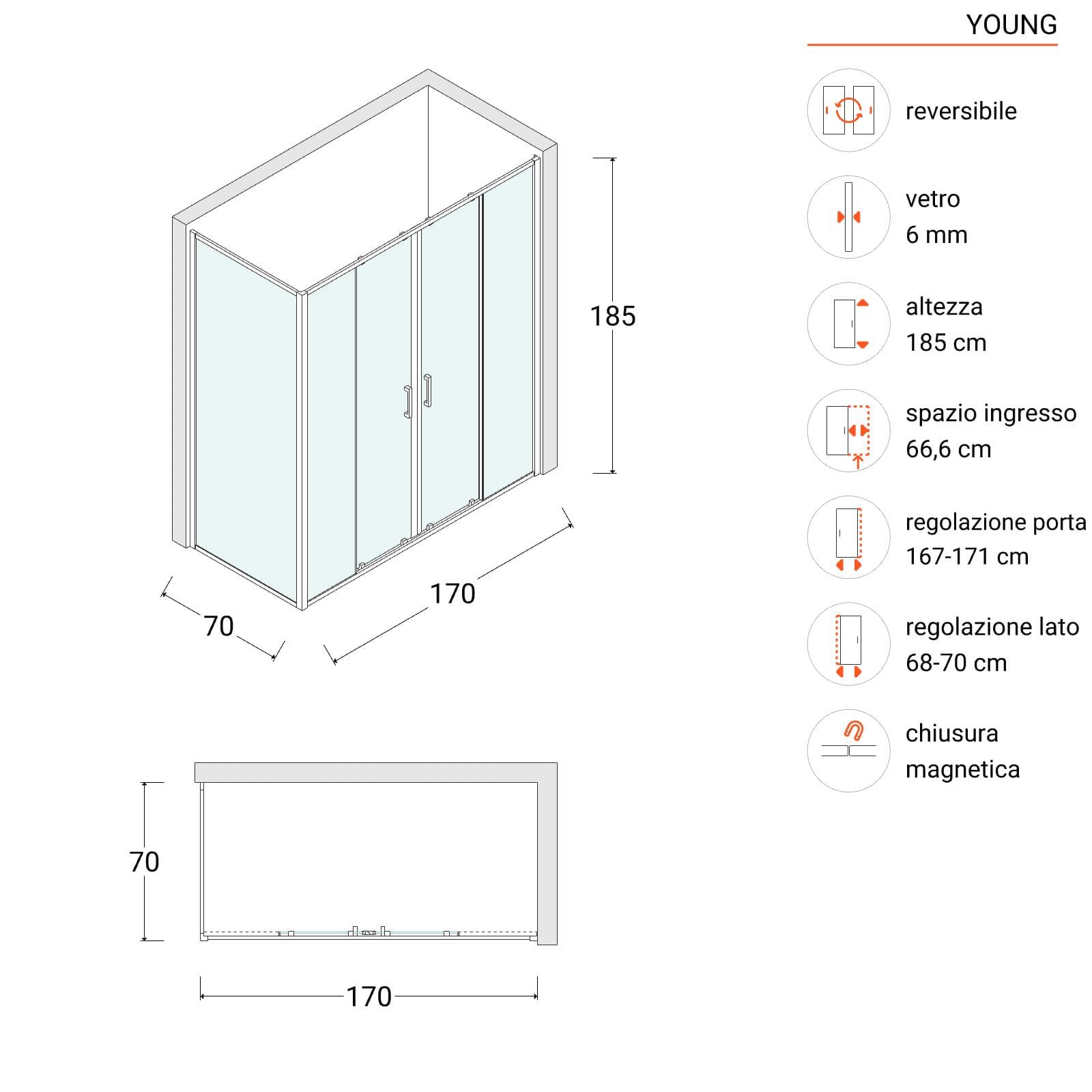 Box doccia 70x170 cm scorrevole in vetro temperato 6 mm trasparente 185h e profilo nero - Young
