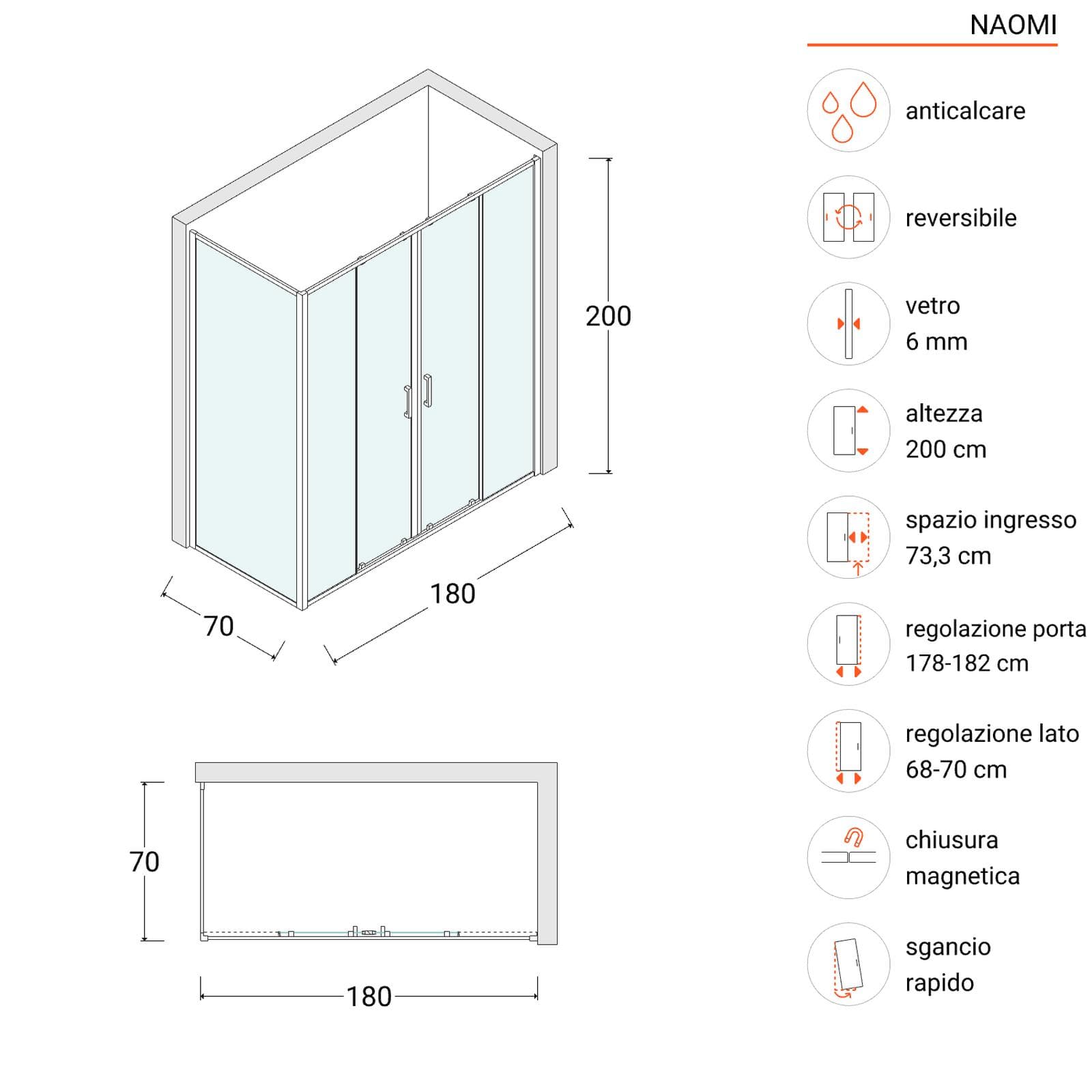 Box doccia 70x180 scorrevole 4 ante anticalcare profilo nero - Naomi