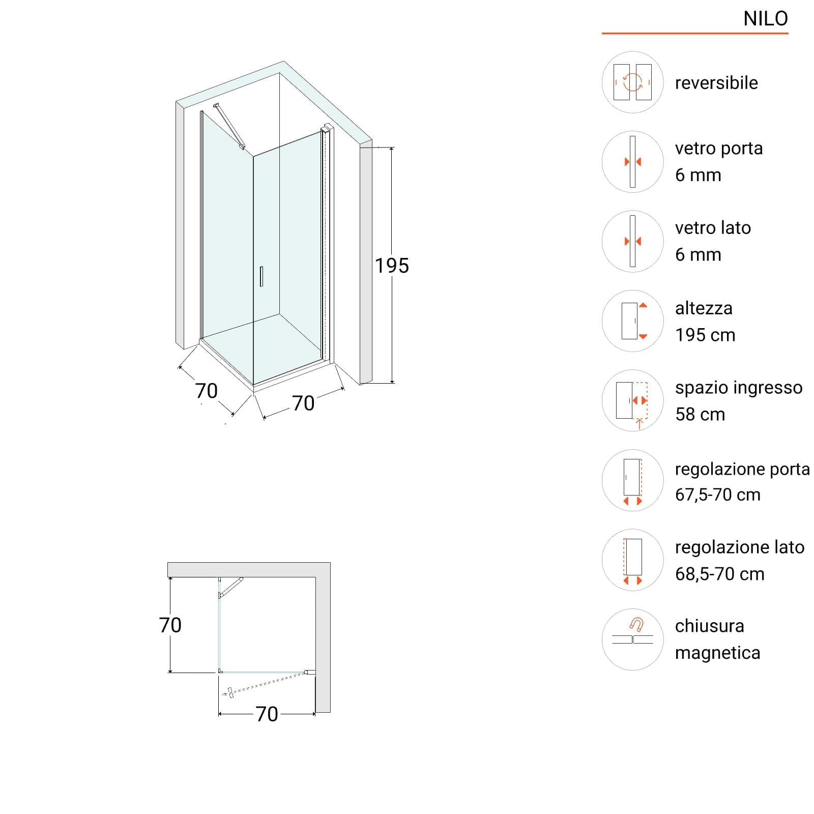 Box doccia 70x70 cm battente 70 cm con vetro temperato trasparente e profilo cromo 195h - Nilo