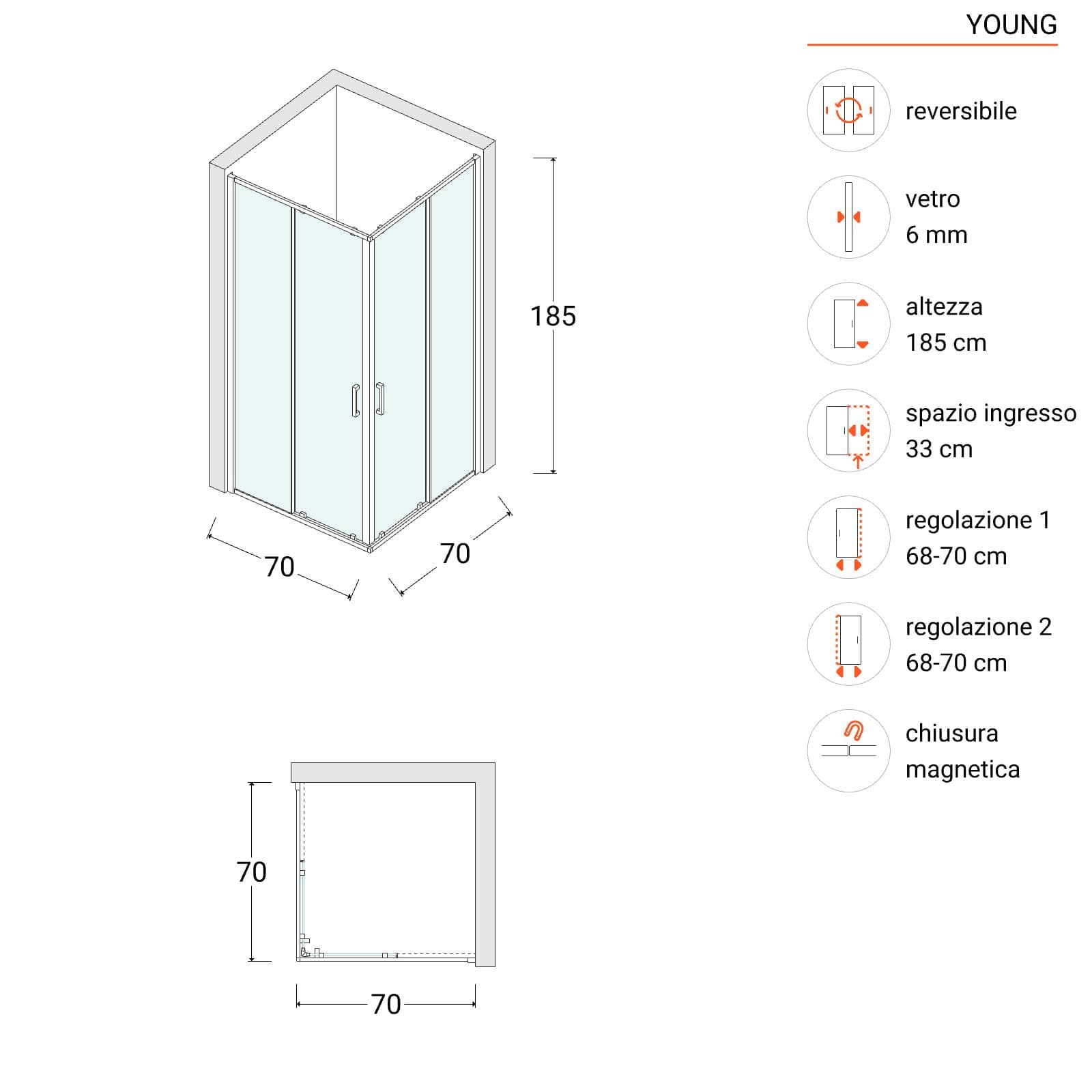 Box doccia 70x70 cm doppio scorrevole vetro temperato 6mm stampato 185h - Young