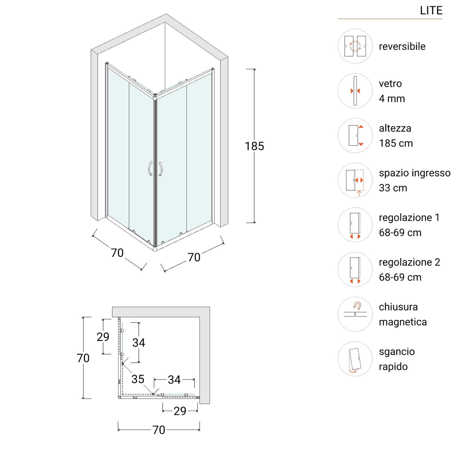 Box doccia 70X70 cm scorrevole con vetro trasparente e profilo nero opaco 185h - Lite