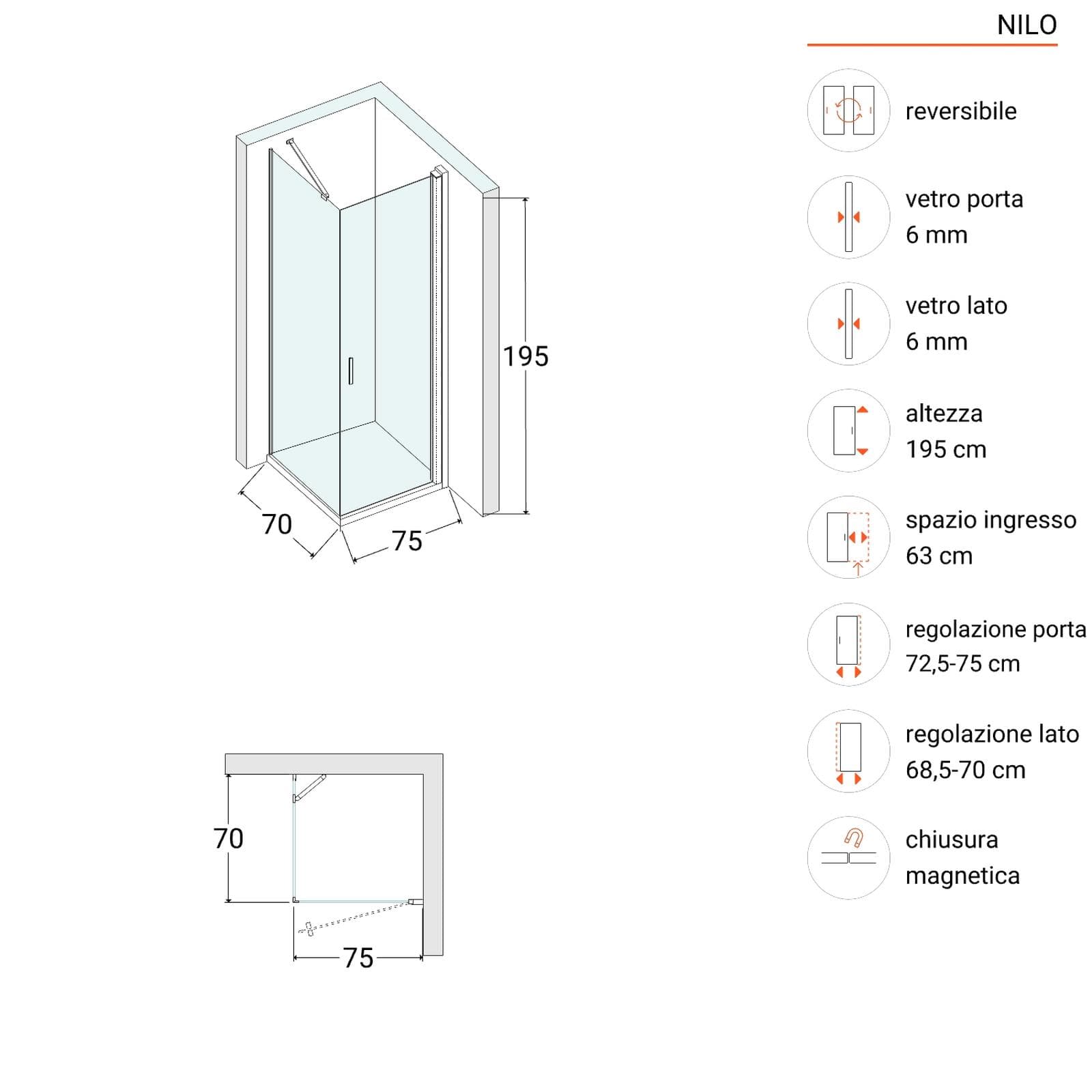 Box doccia 70X75 cm battente con vetro temperato fumé e profilo nero opaco 195h - Nilo