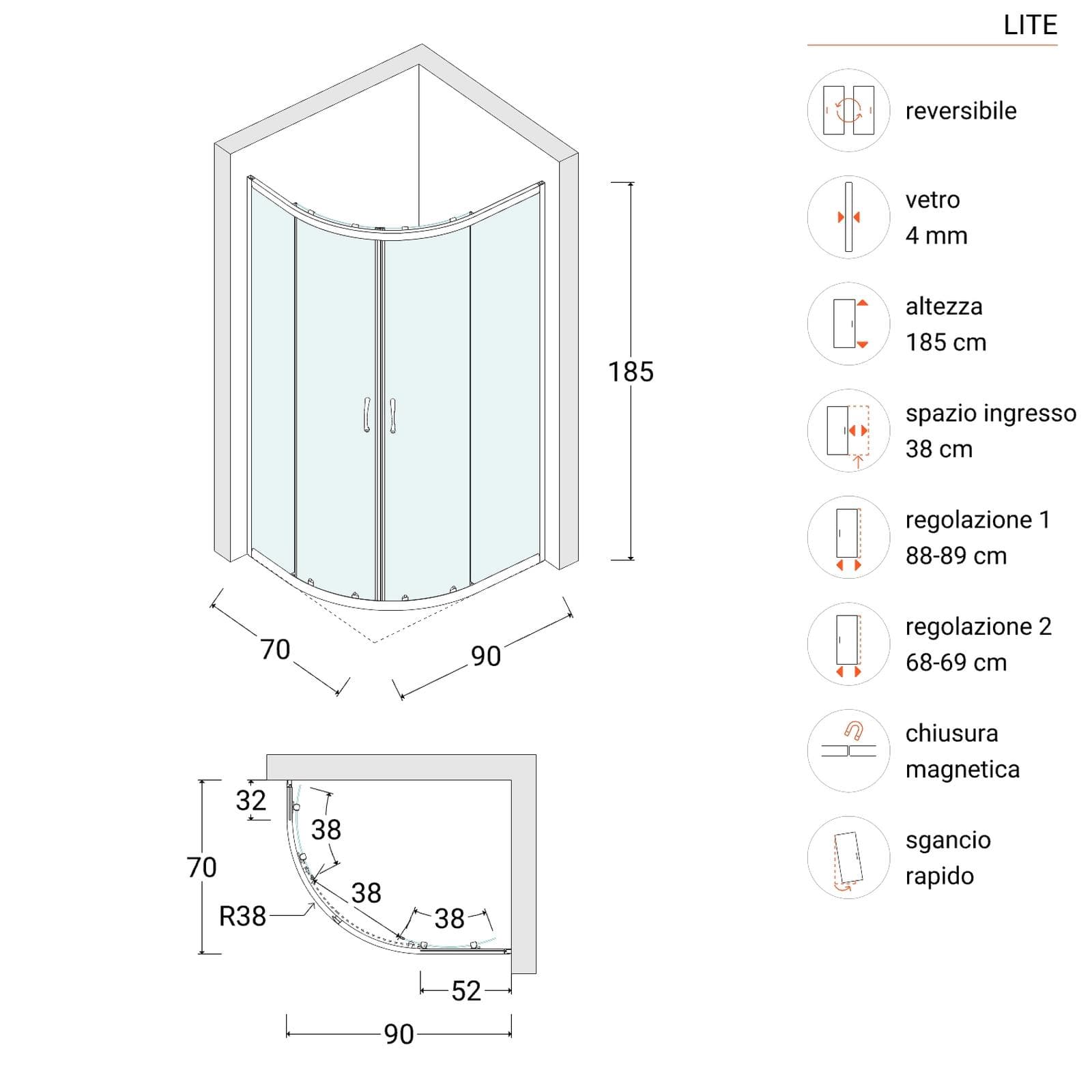 Box doccia 70x90 cm semicircolare scorrevole con vetro trasparente e profilo bianco 185h - Lite