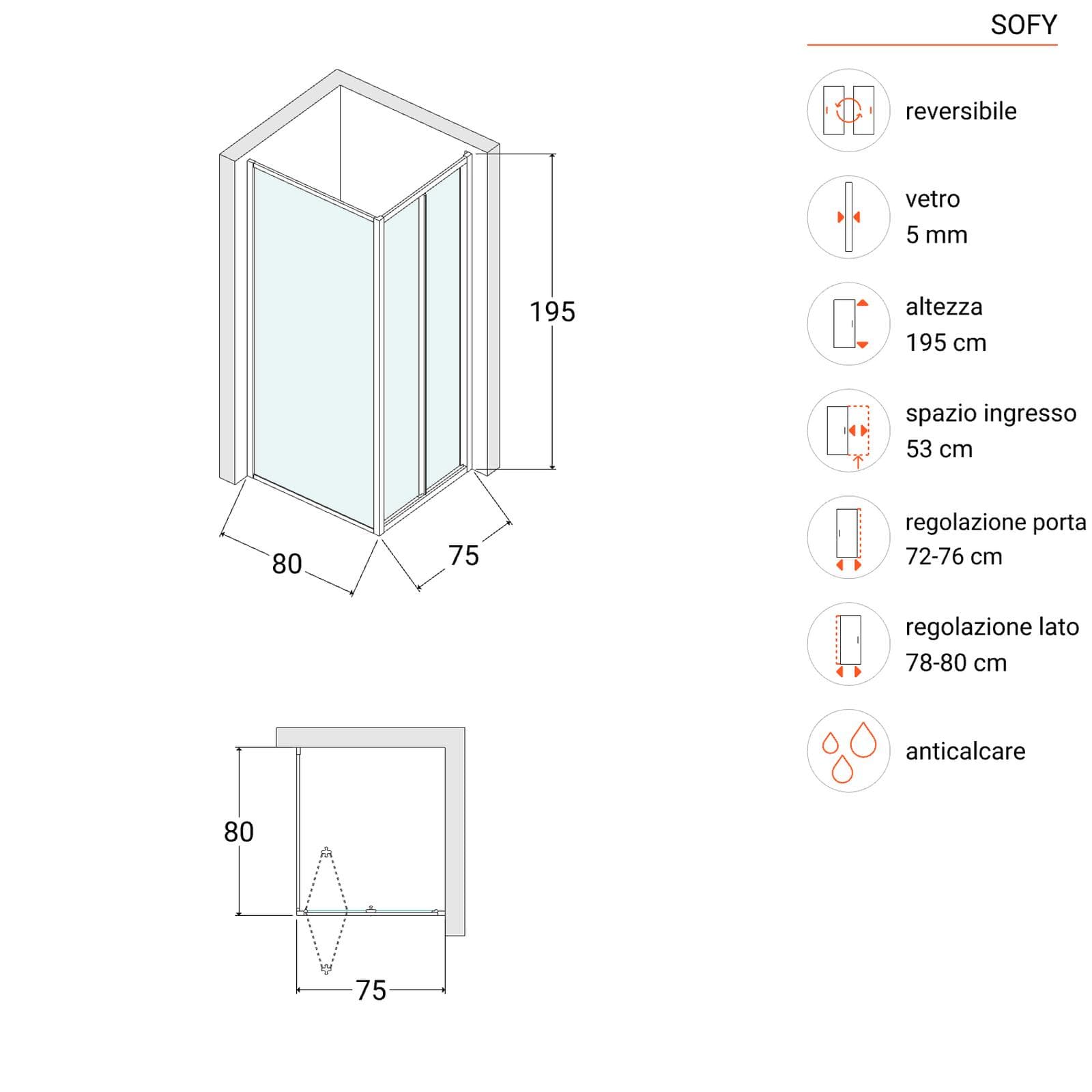 Box doccia 75x80 cm porta a soffietto trasparente 195h - Sofy