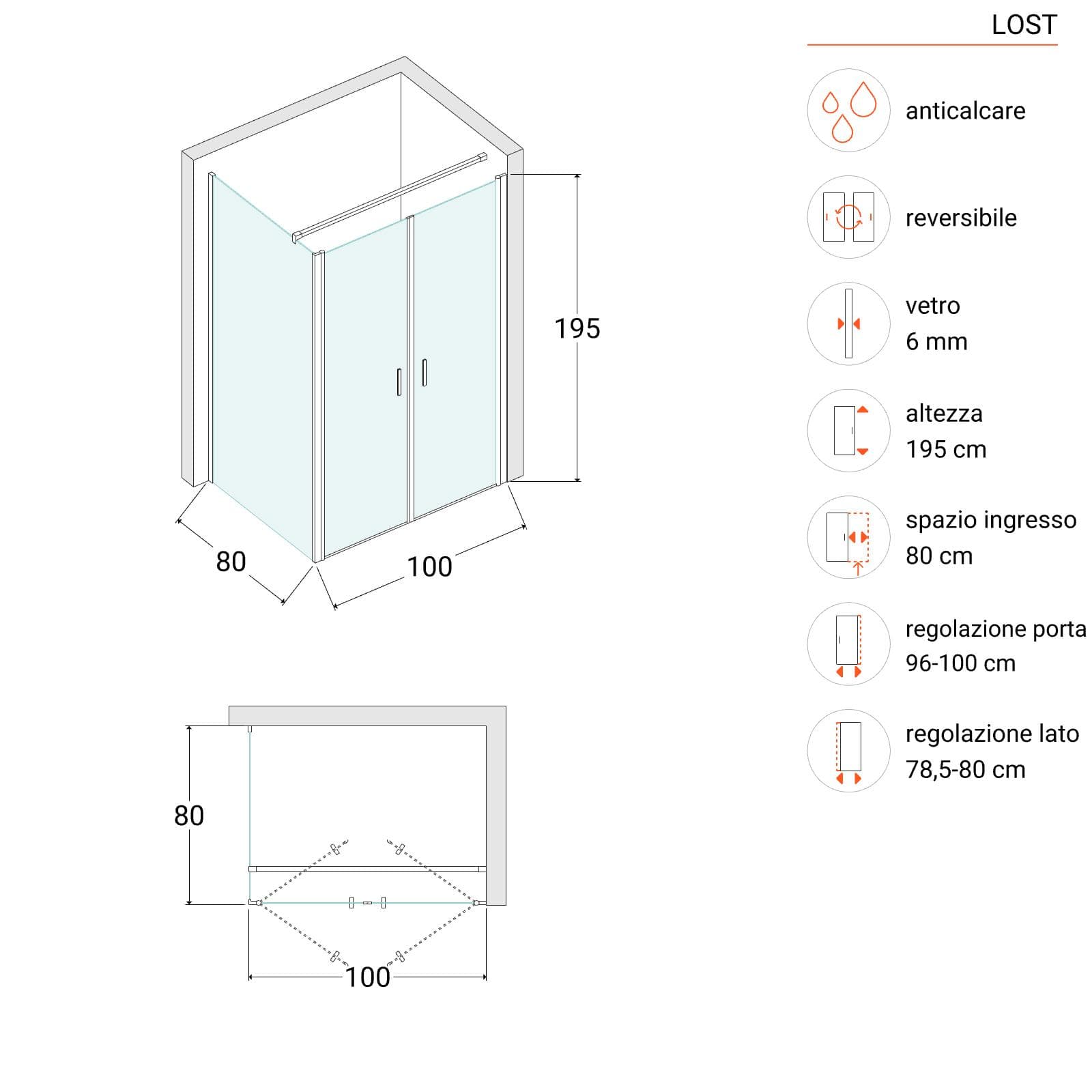 Box doccia 80x100 apertura saloon con vetro anticalcare bronzato e profilo cromo 195h - Lost