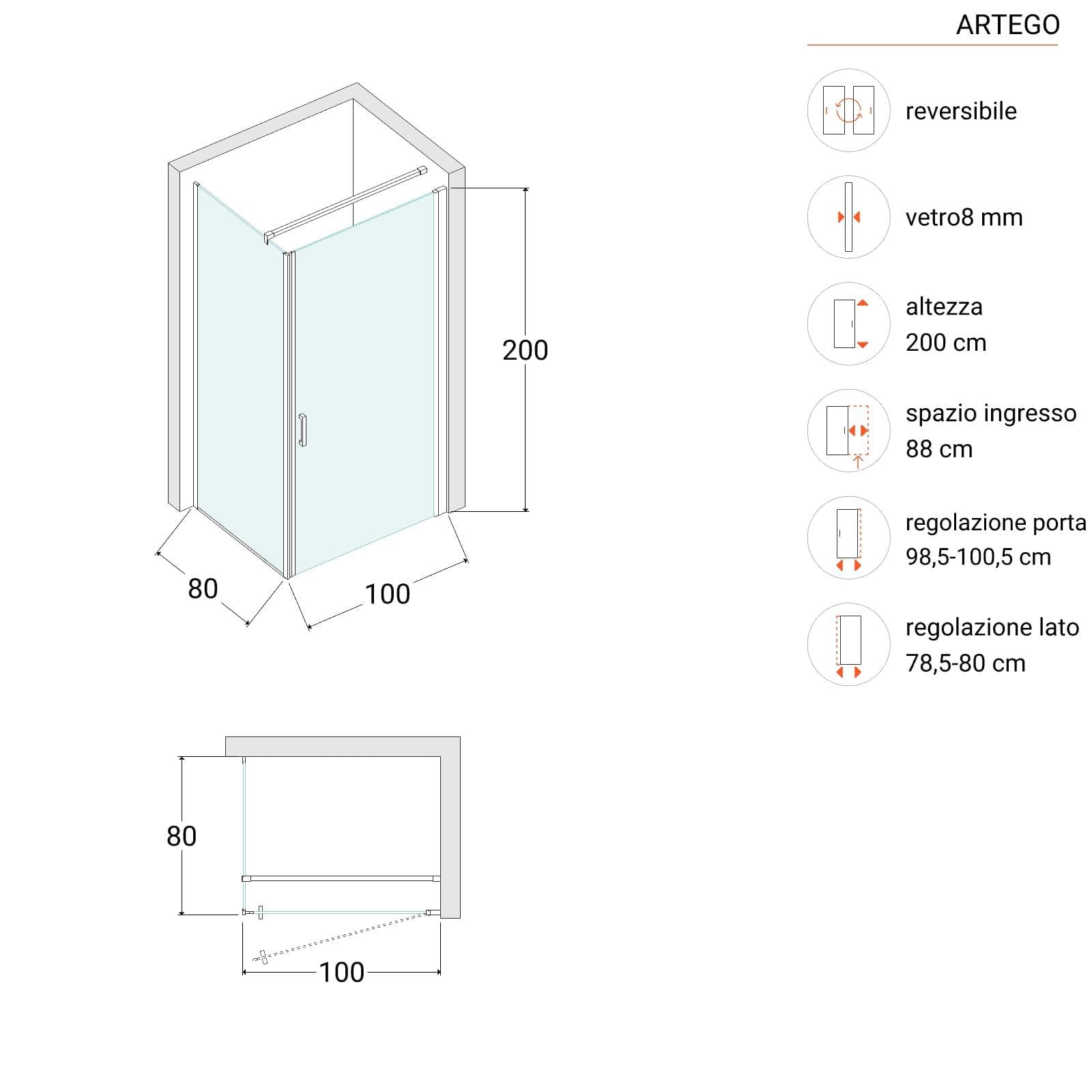 Box doccia 80x100 cm battente con vetro anticalcare trasparente e profilo cromo 200h - Artego