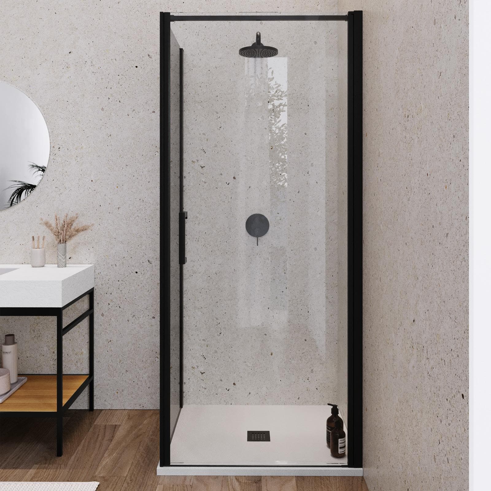Box doccia 80X100 cm lato fisso specchiato con battente e profilo nero 200h - Artego Duo