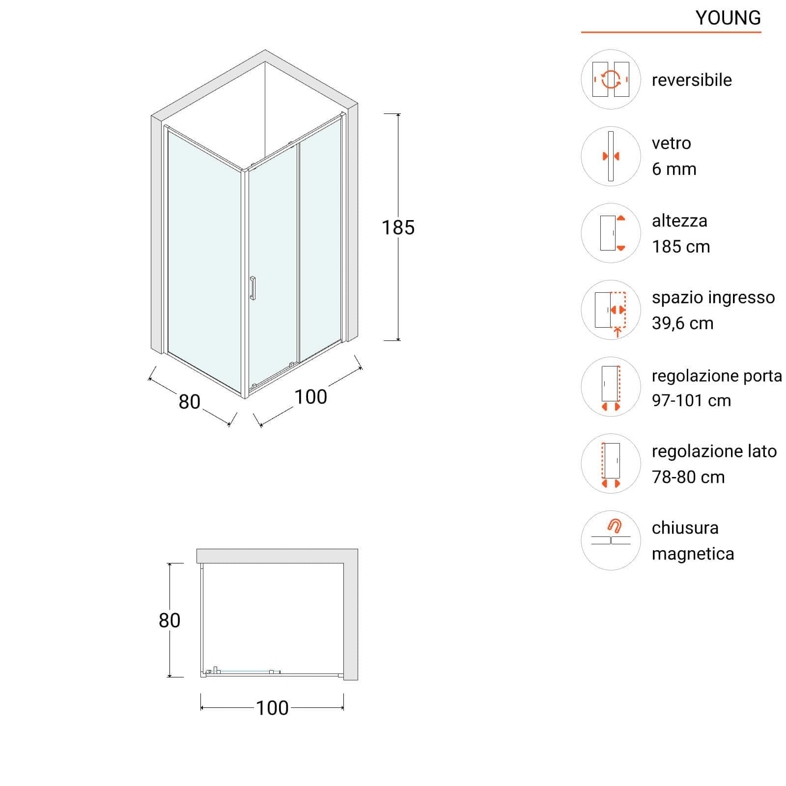 Box doccia 80x100 cm scorrevole vetro temperato 6mm trasparente 185h - Young