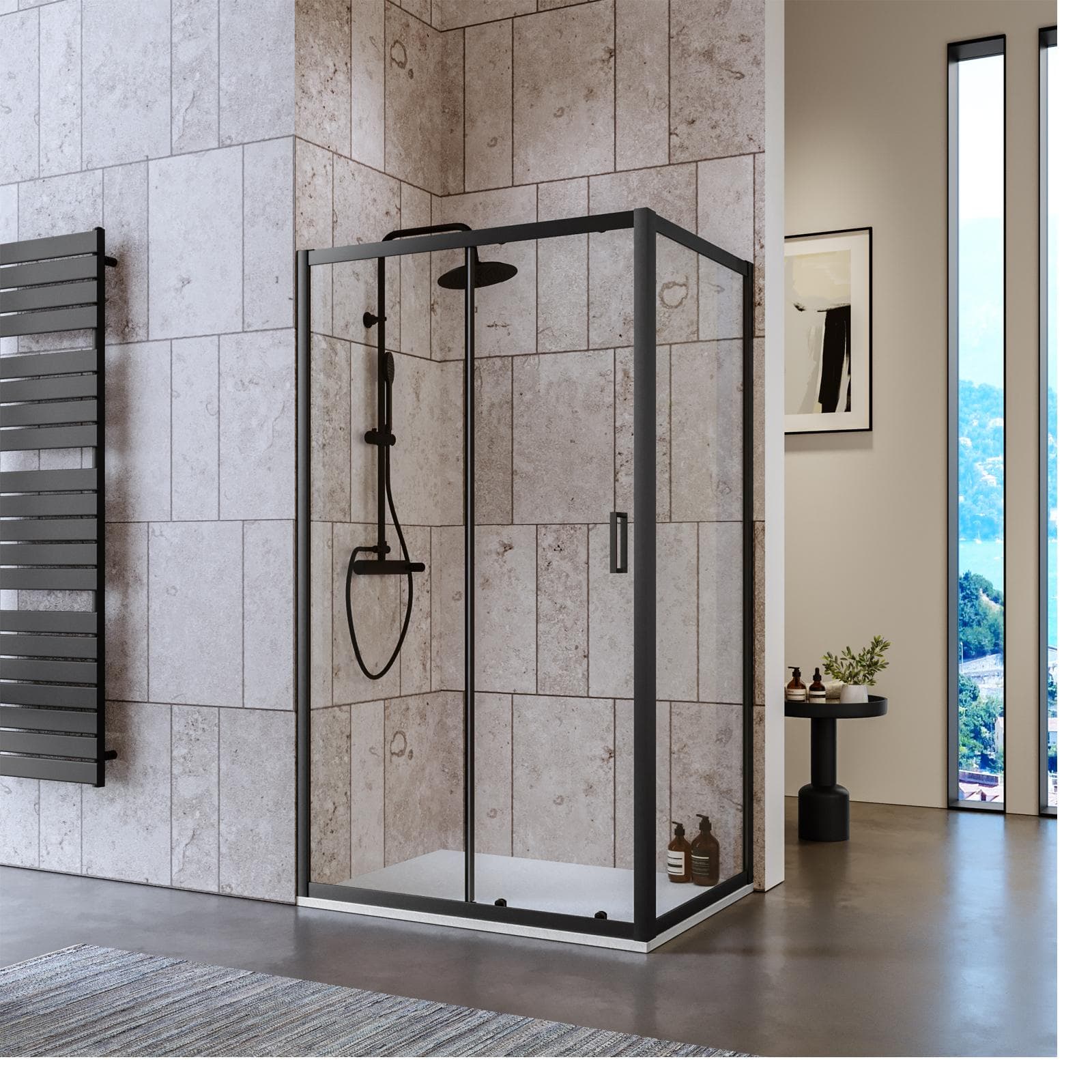 Box doccia 80x115 cm scorrevole in vetro temperato 6 mm trasparente 185h e profilo nero - Young