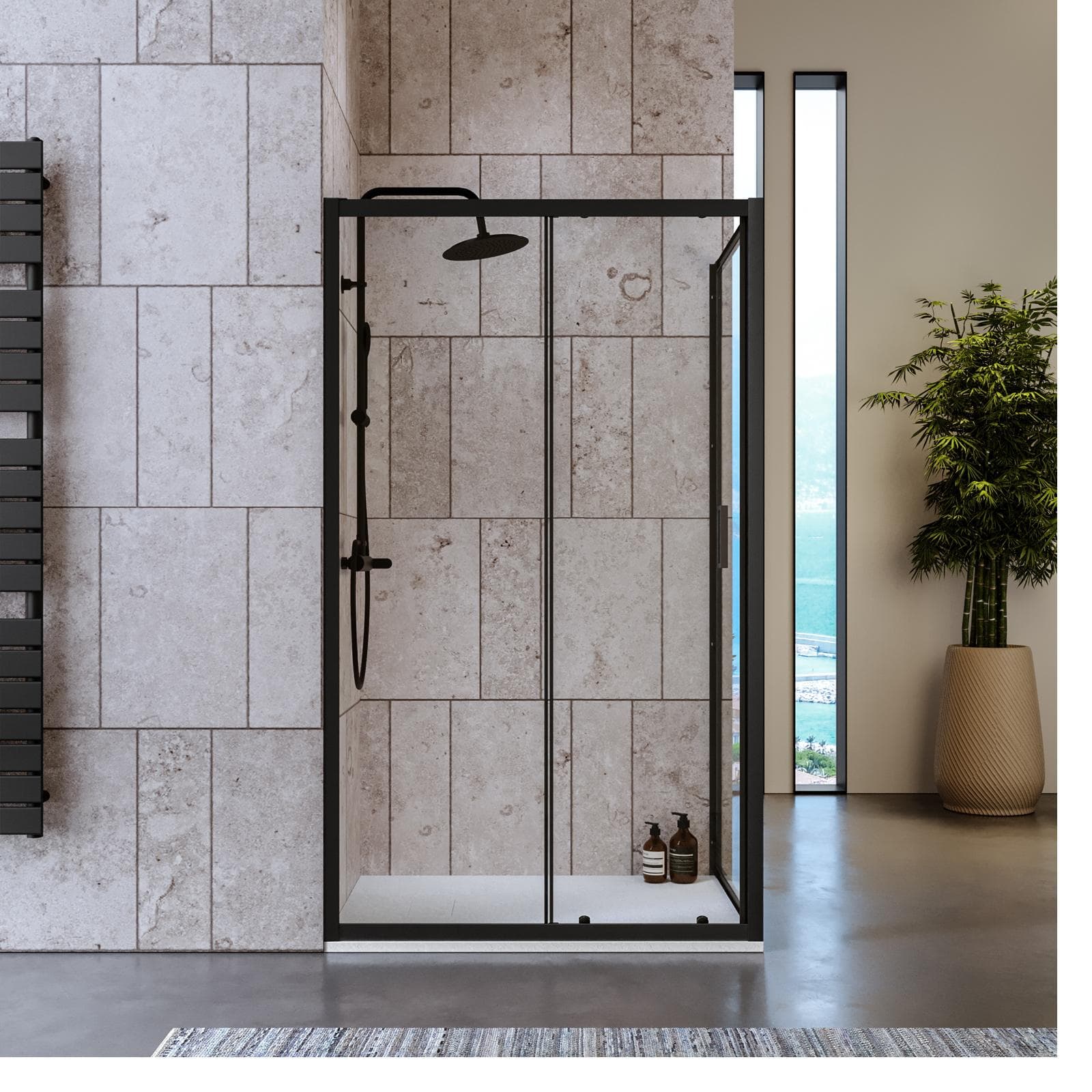 Box doccia 80x115 cm scorrevole in vetro temperato 6 mm trasparente 185h e profilo nero - Young