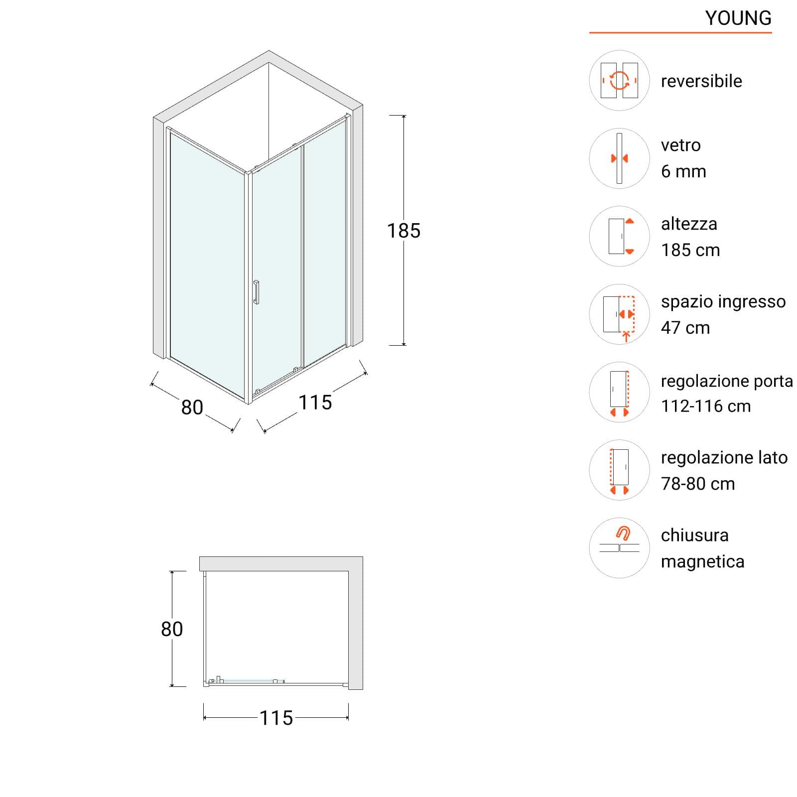 Box doccia 80x115 cm scorrevole in vetro temperato 6 mm trasparente 185h e profilo nero - Young