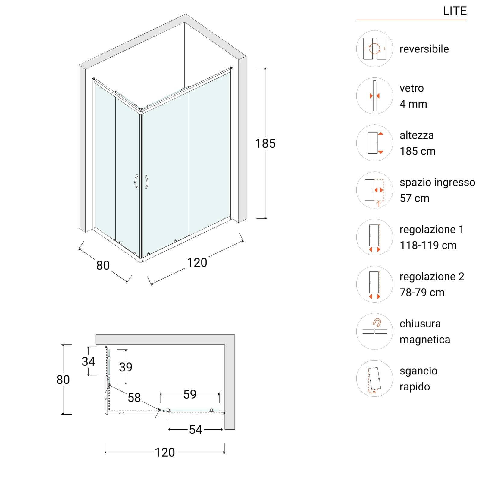 Box doccia 80X120 cm scorrevole con vetro trasparente e profilo nero opaco 185h - Lite