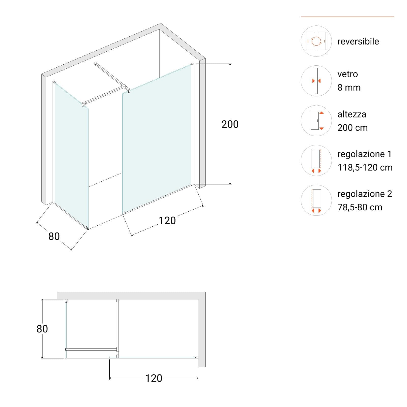 Box doccia 80x120 cm due lati con vetro anticalcare trasparente e profilo cromo 200h - Keep