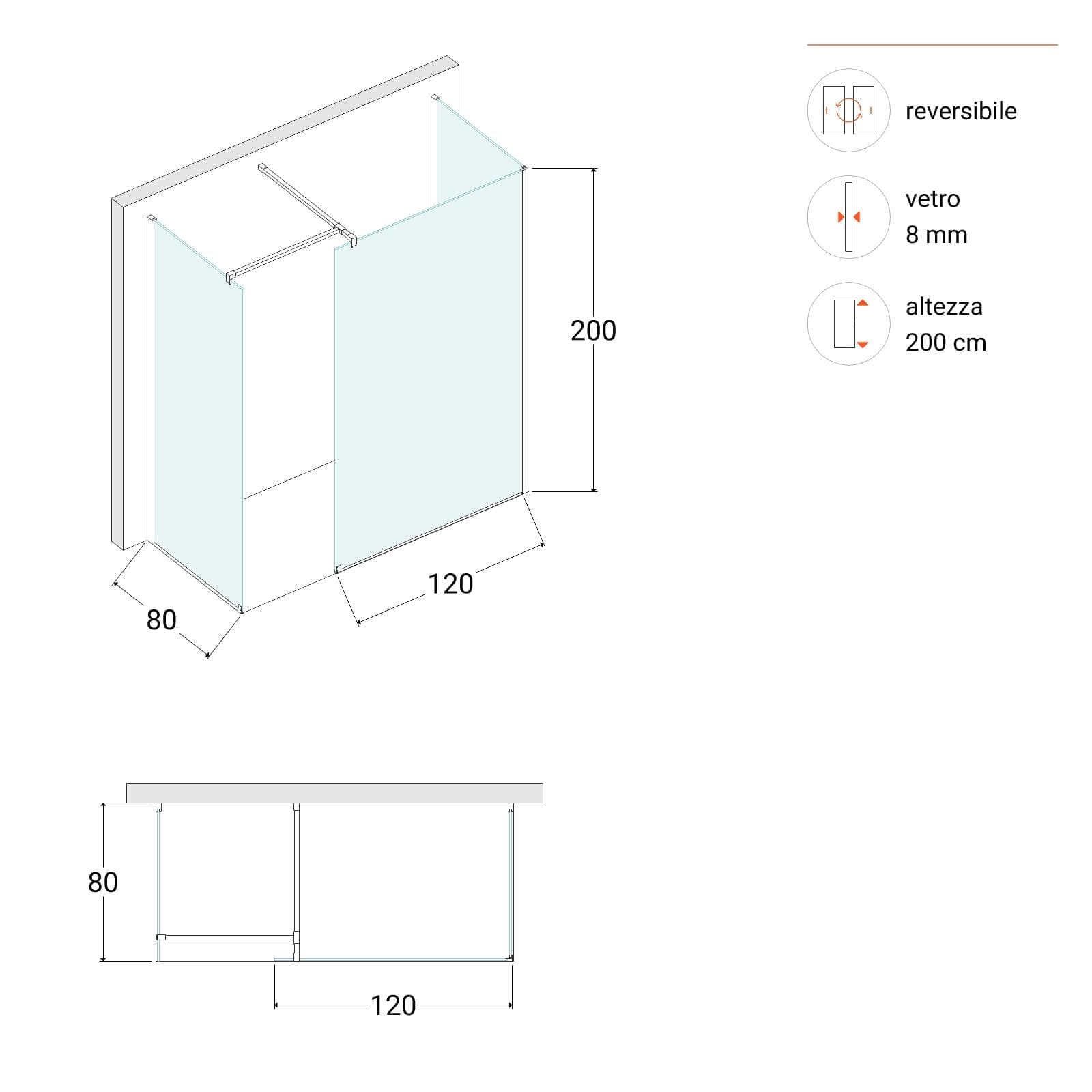 Box doccia 80x120x80 cm tre lati con vetro anticalcare trasparente e profilo cromo 200h - Keep