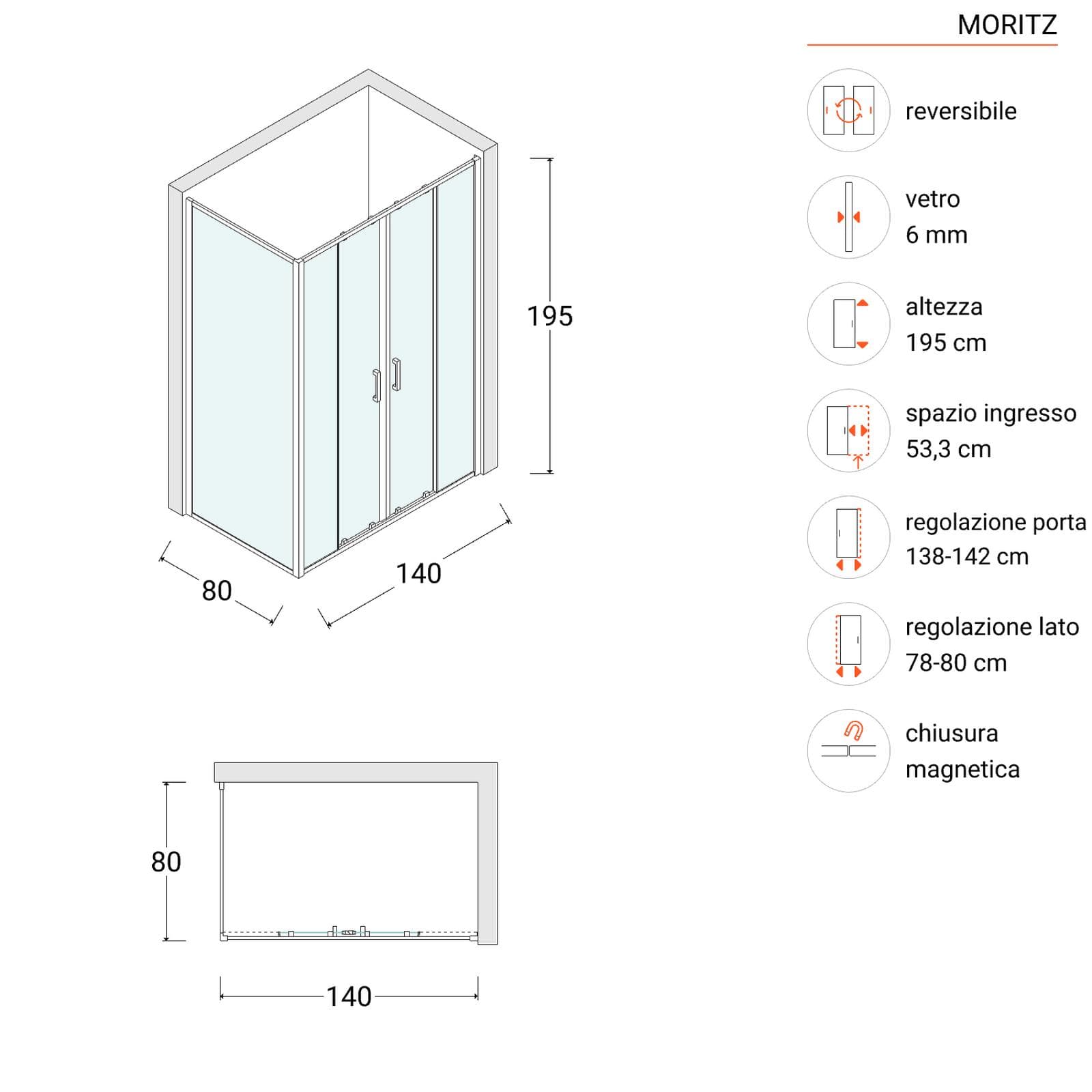 Box doccia 80x140 cm anta doppio scorrevole vetro opaco profilo cromo 195h - Moritz