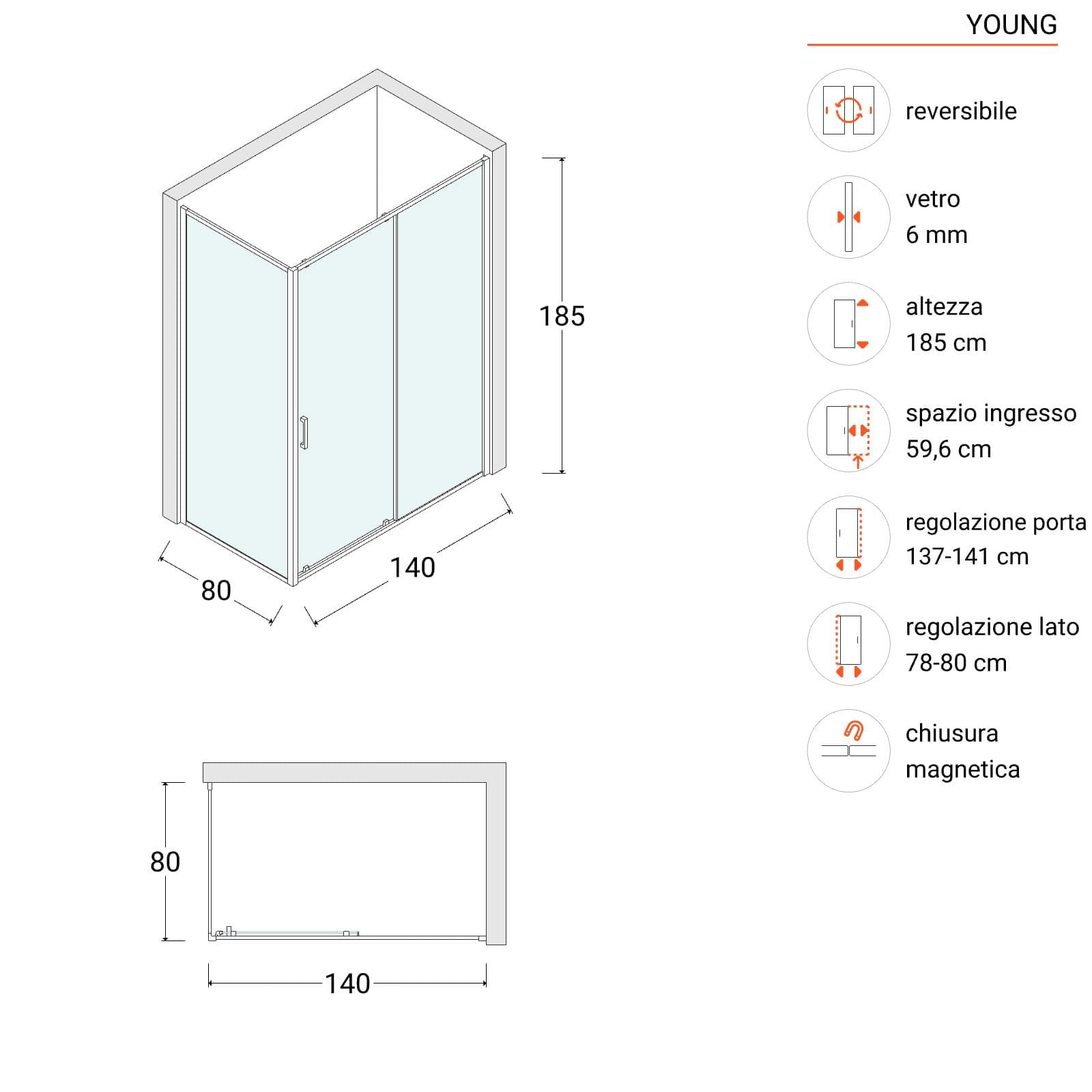 Box doccia 80x140 cm scorrevole vetro temperato 6mm stampato 185h - Young