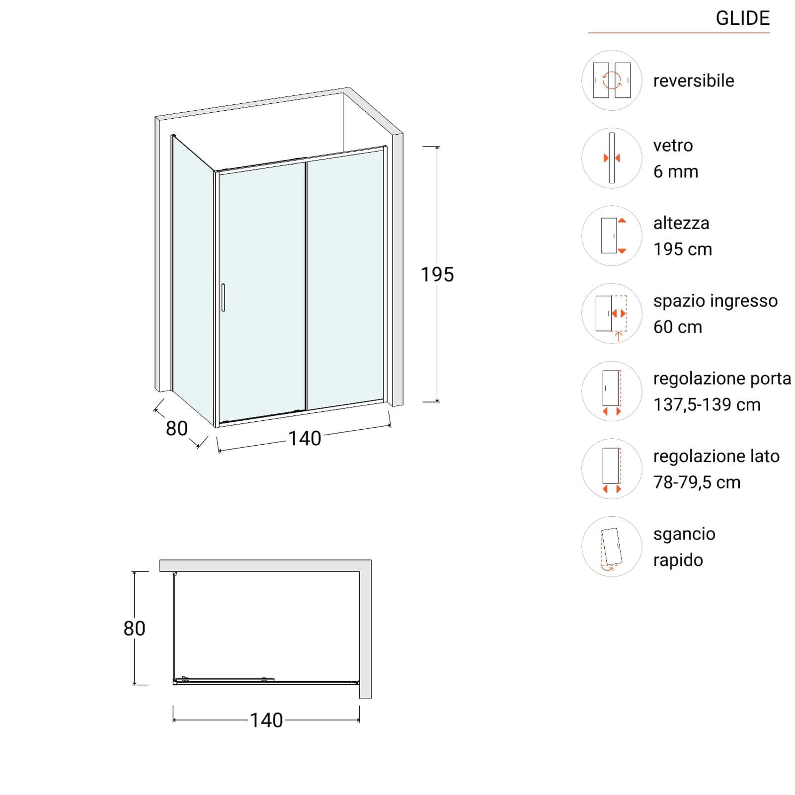 Box doccia 80x140 cm scorrevole vetro trasparente e profilo cromo 195h - Glide