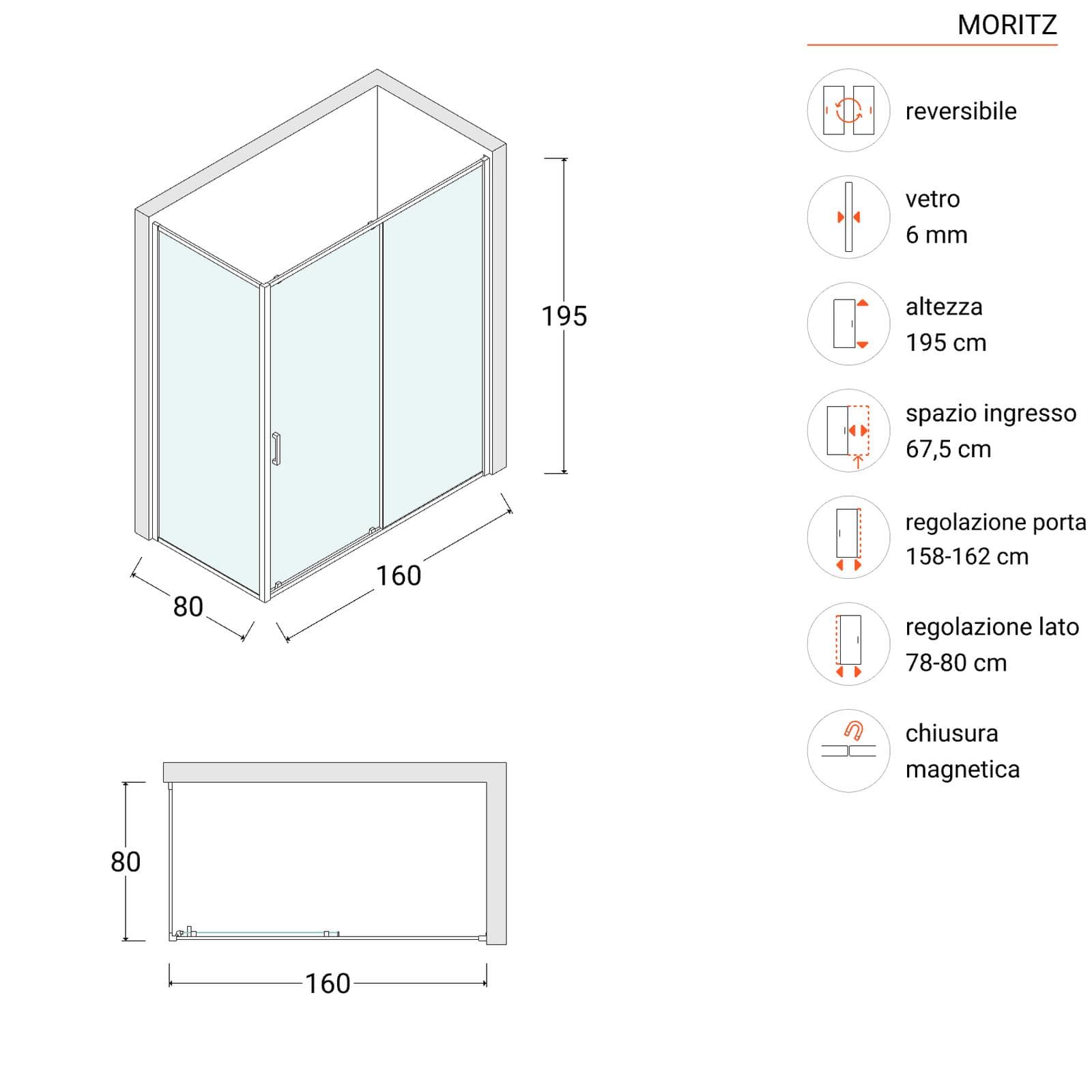 Box doccia 80x160 cm scorrevole vetro trasparente anticalcare profilo cromo 195h - Moritz