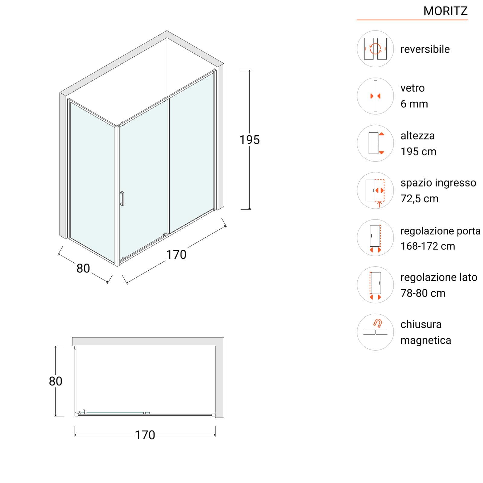 Box doccia 80x170 cm scorrevole vetro trasparente anticalcare profilo cromo 195h - Moritz