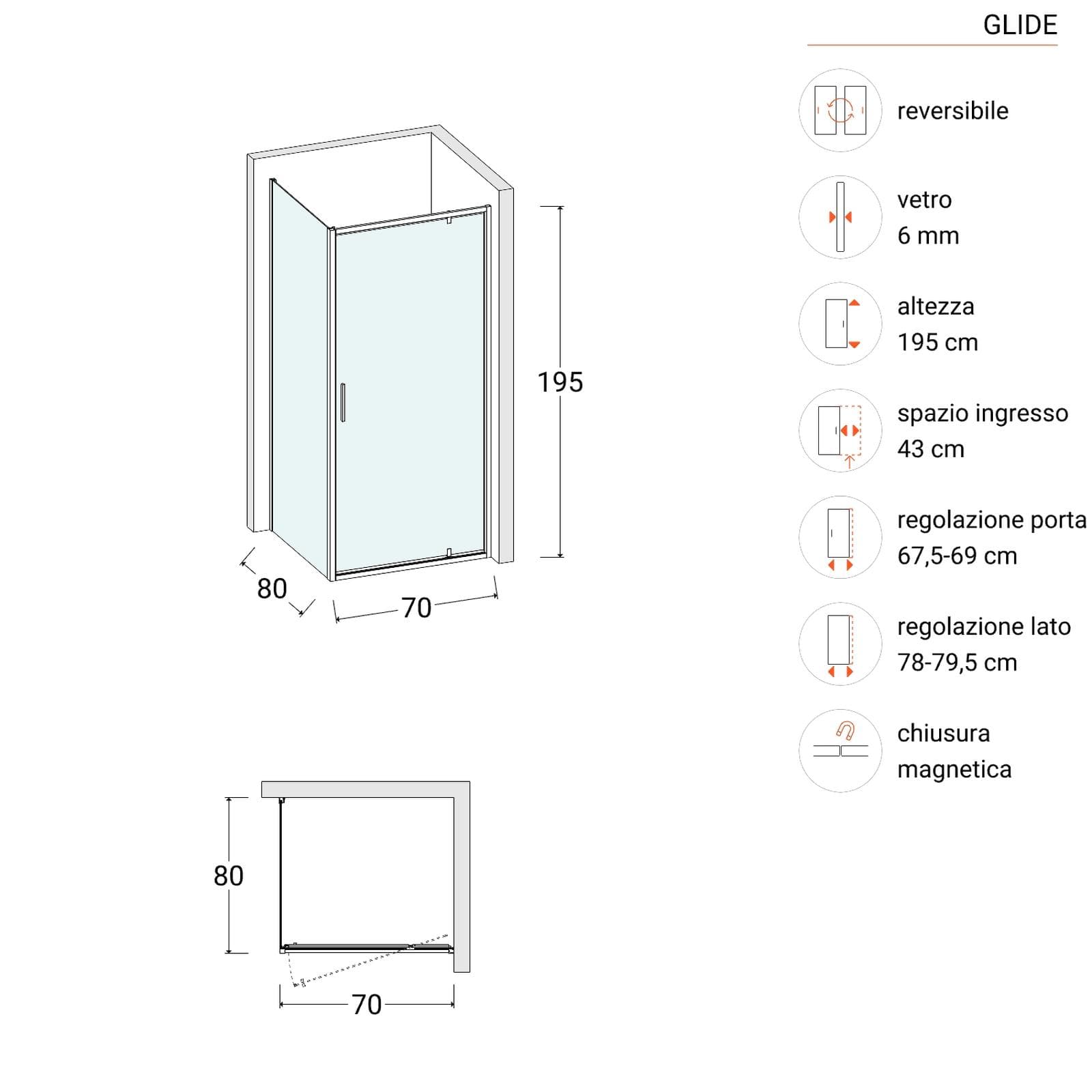 Box doccia 80x70 cm battente vetro trasparente e profilo cromo 195h - Glide