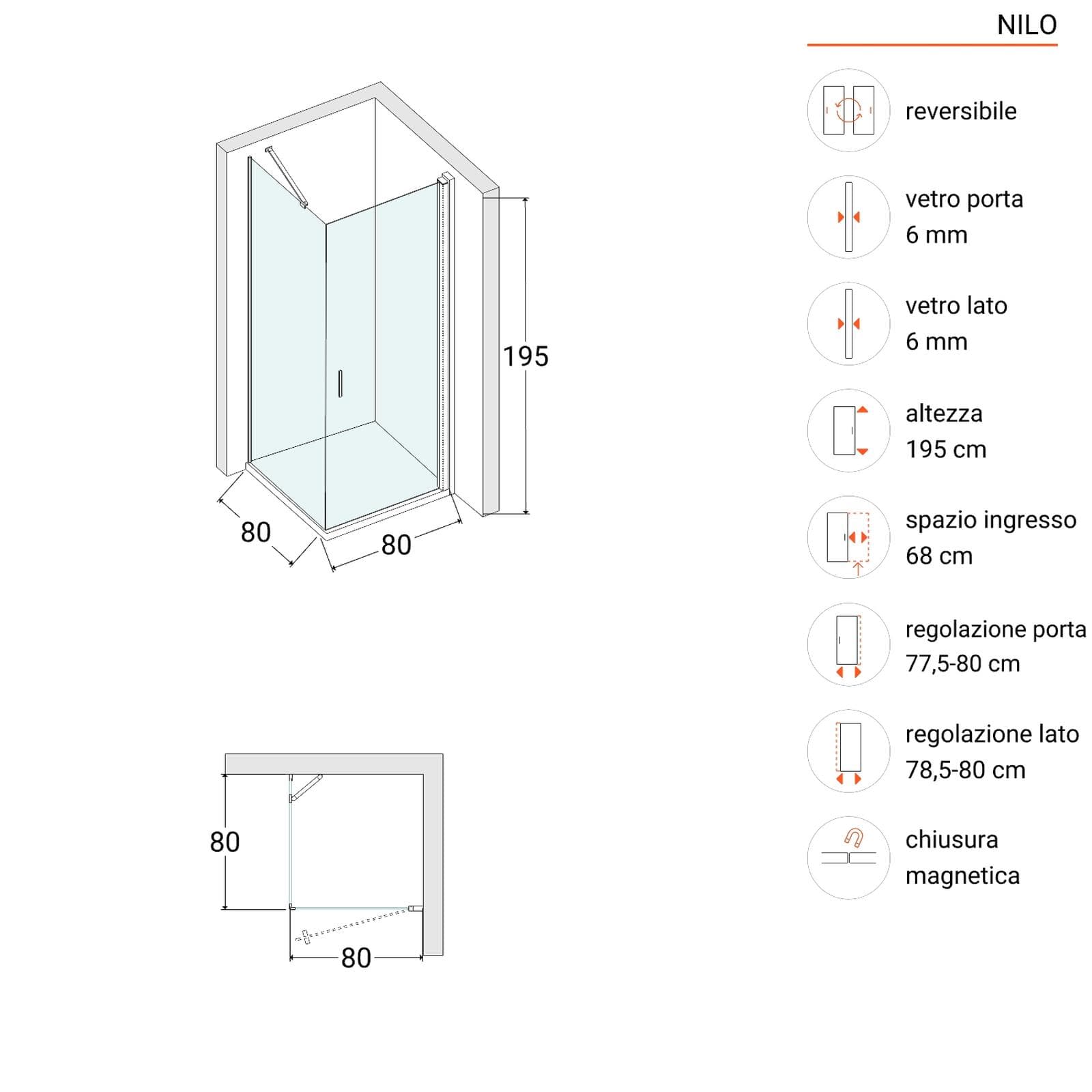 Box doccia 80x80 cm battente 80 cm con vetro temperato bronzato e profilo cromo 195h - Nilo