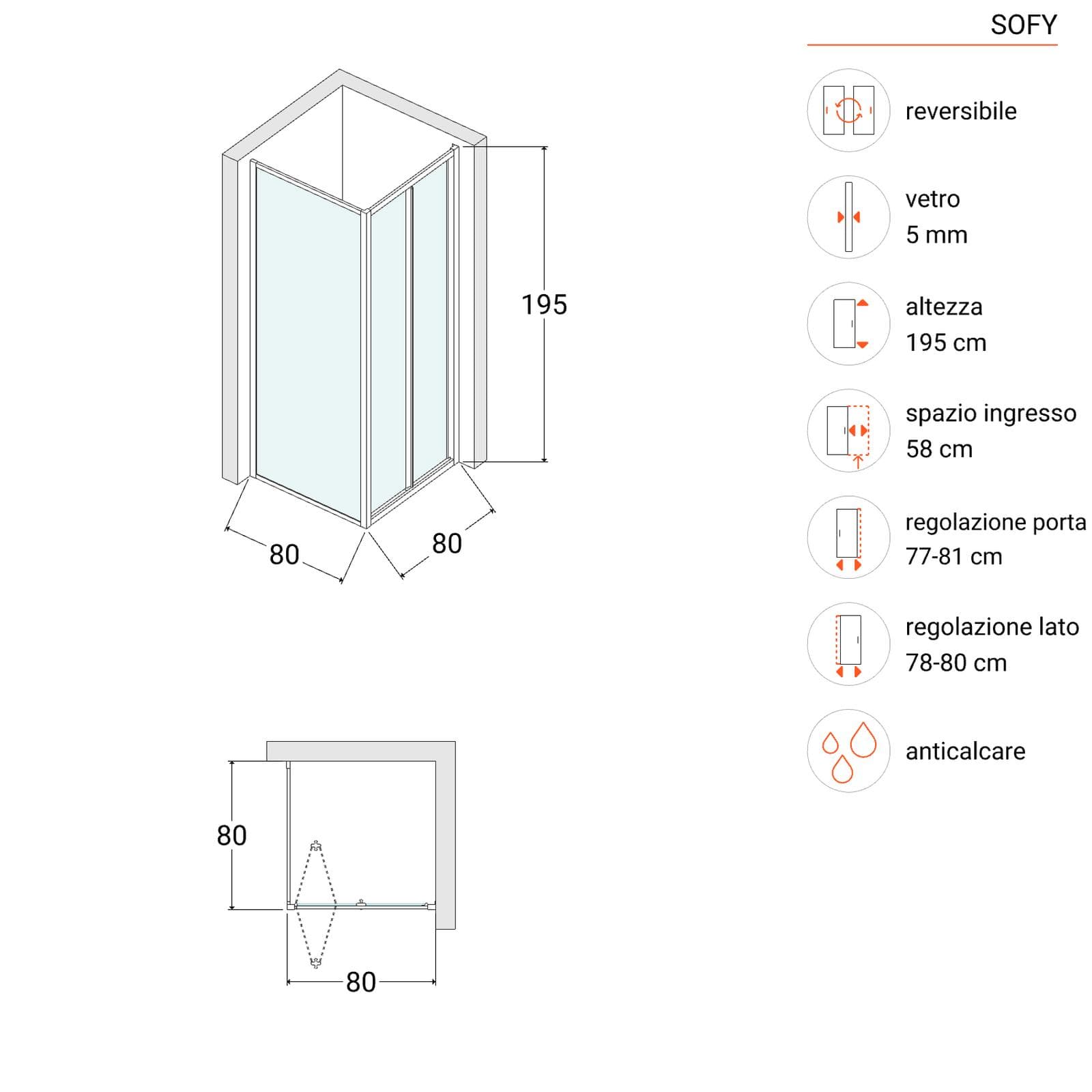 Box doccia 80x80 cm porta a soffietto opaco 195h - Sofy