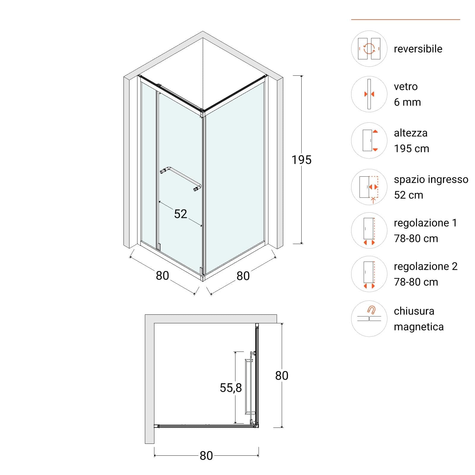 Box doccia 80x80 cm rototraslante con vetro temperato trasparente e profilo cromo 195h - Nook