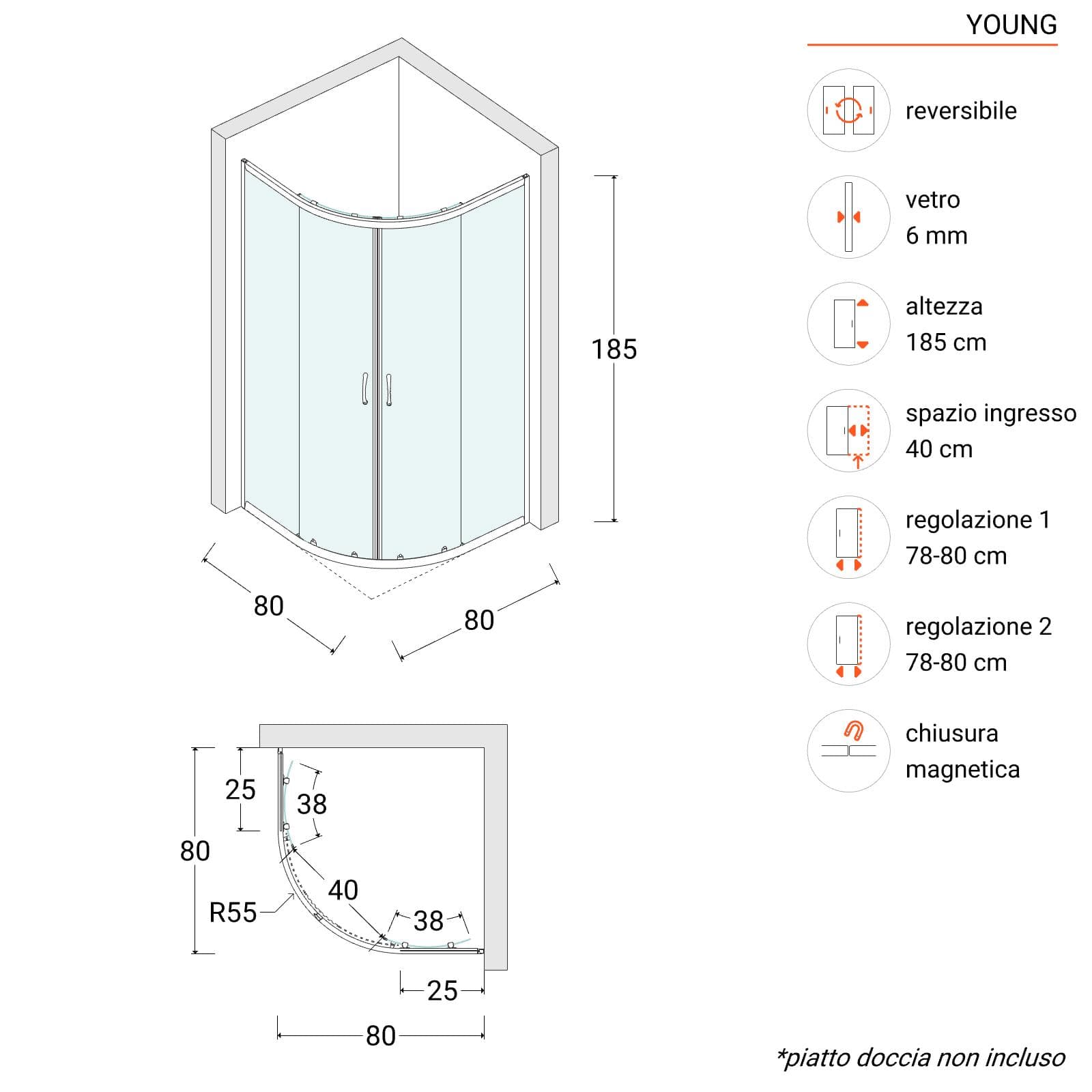 Box doccia 80x80 cm semicircolare vetro temperato 6mm trasparente 185h - Young