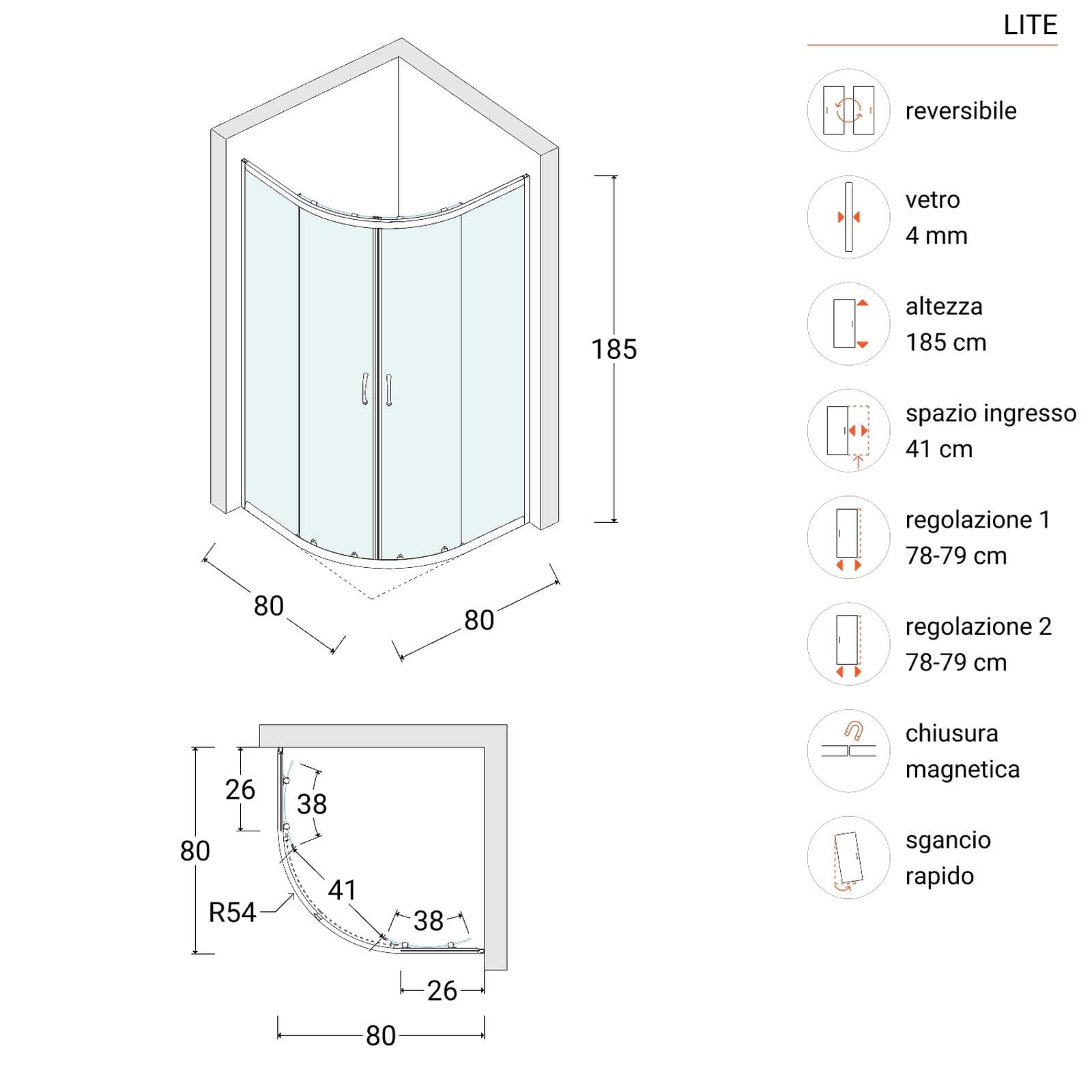Box doccia 80X80 cm semicircolare scorrevole con vetro trasparente e profilo bianco 185h - Lite
