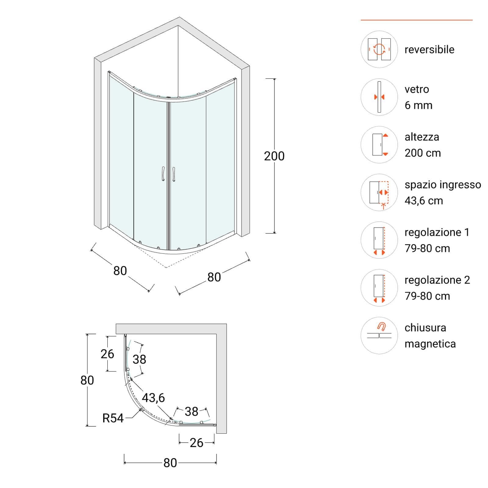 Box doccia semicircolare 80x80 cm scorrevole con vetro trasparente e profilo cromo 200h - Skin