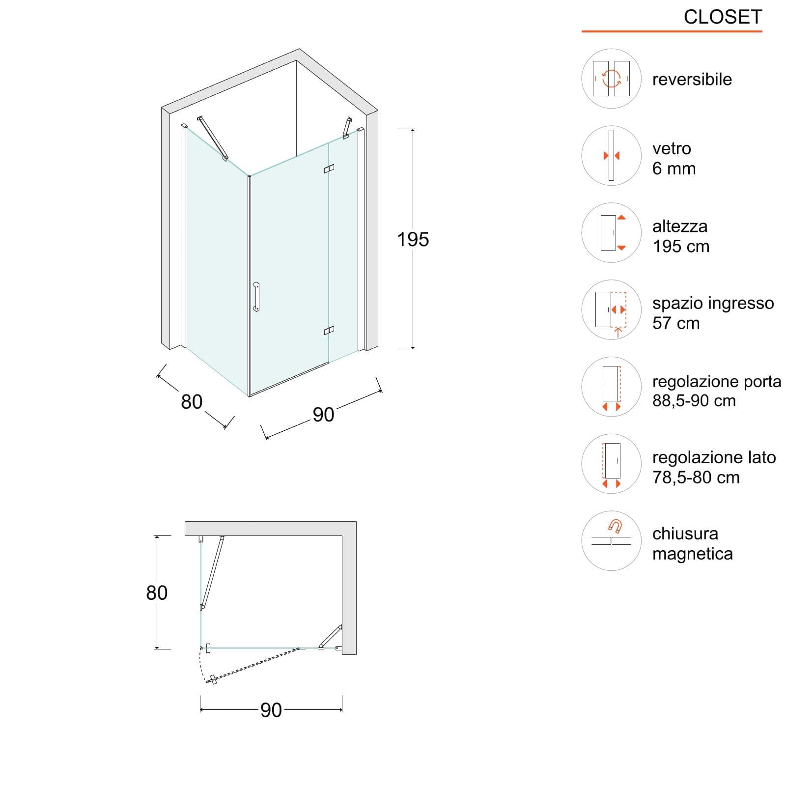 Box doccia 80x90 cm battente vetro temperato anticalcare 195h - Closet
