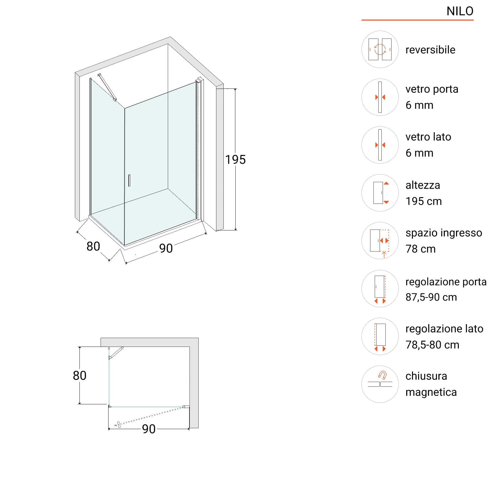 Box doccia 80x90 cm battente in vetro temperato 6mm trasparente 195h - Nilo