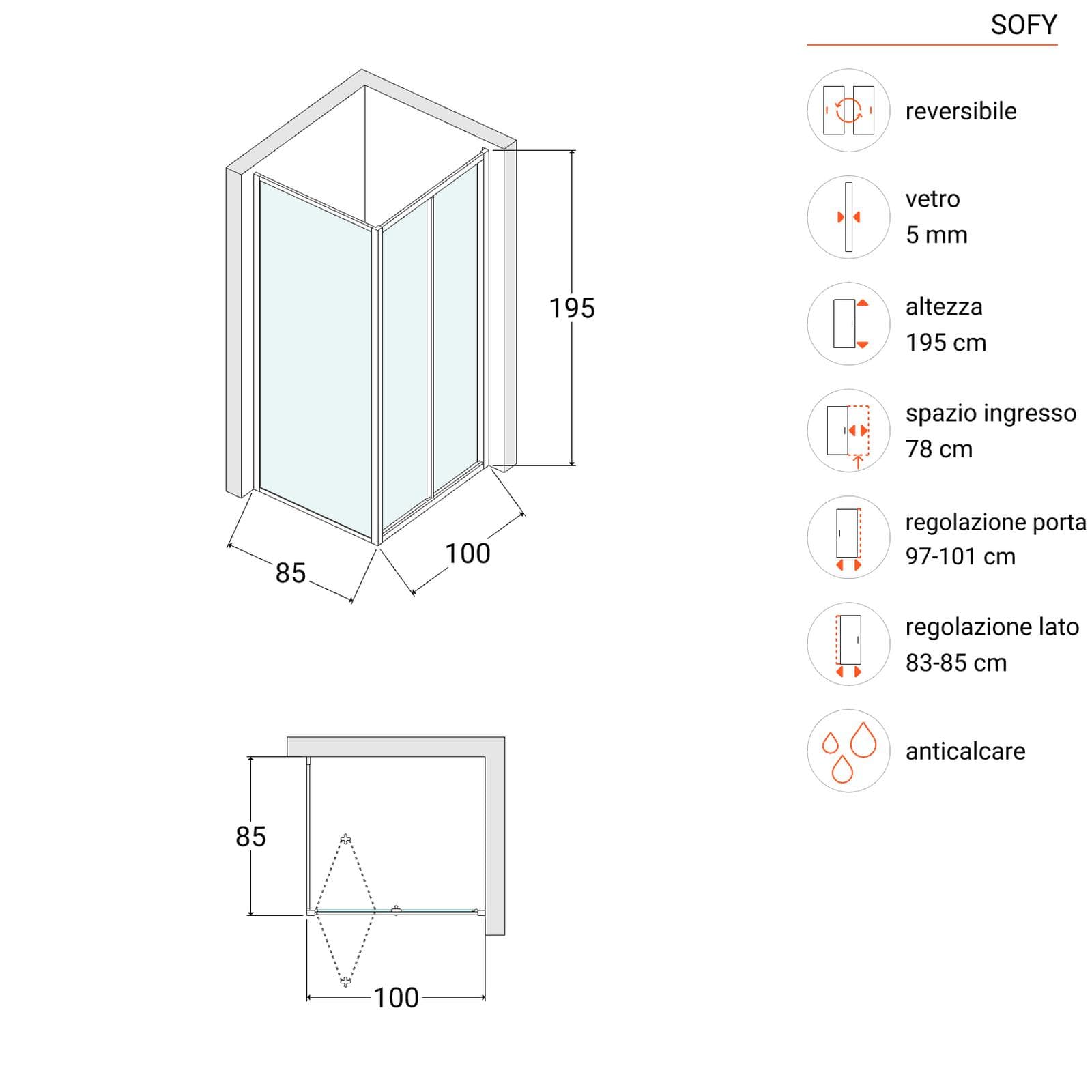 Box doccia 85x100 cm porta a soffietto trasparente 195h - Sofy
