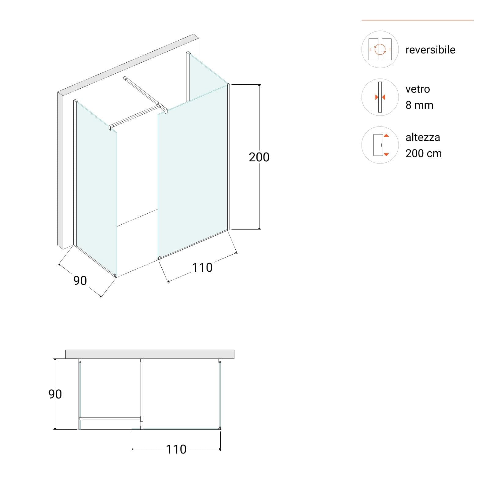 Box doccia 90x110x90 vetro temperato fume anticalcare reversibile 200h - Keep